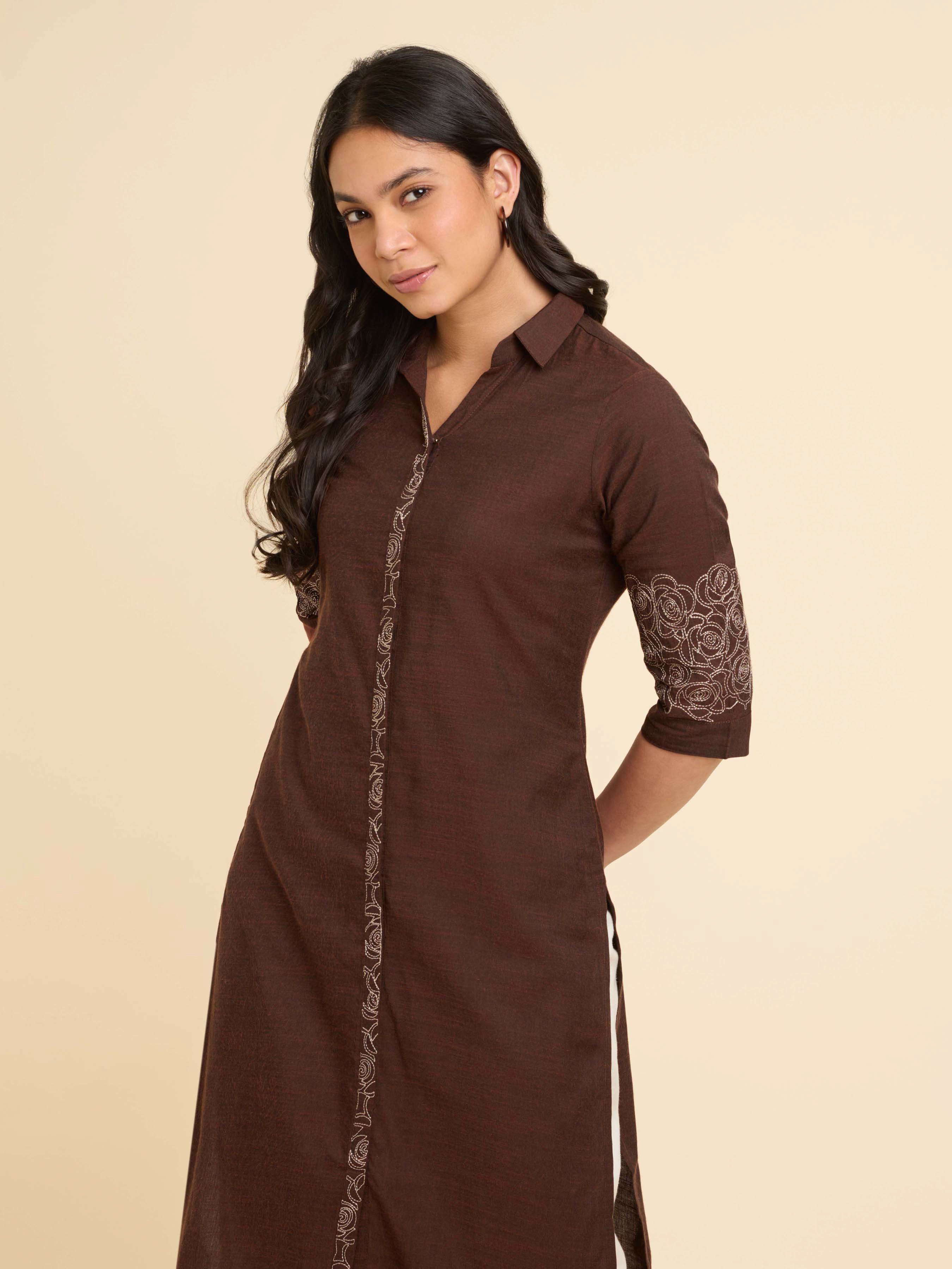 Coffee Brown Cotton Viscose Slub Plain Slitted Kurti With Embroidery