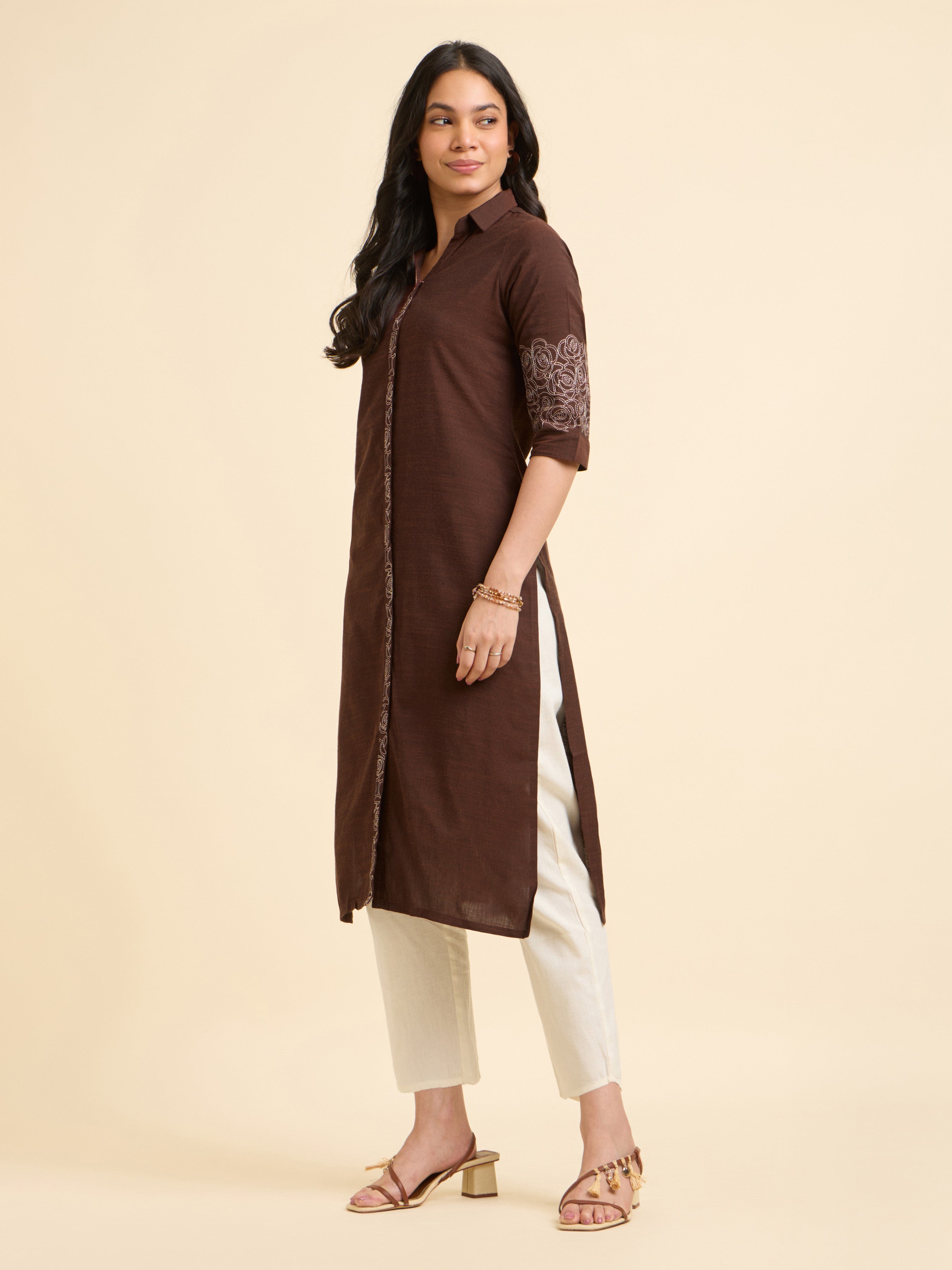 Coffee Brown Cotton Viscose Slub Plain Slitted Kurti With Embroidery