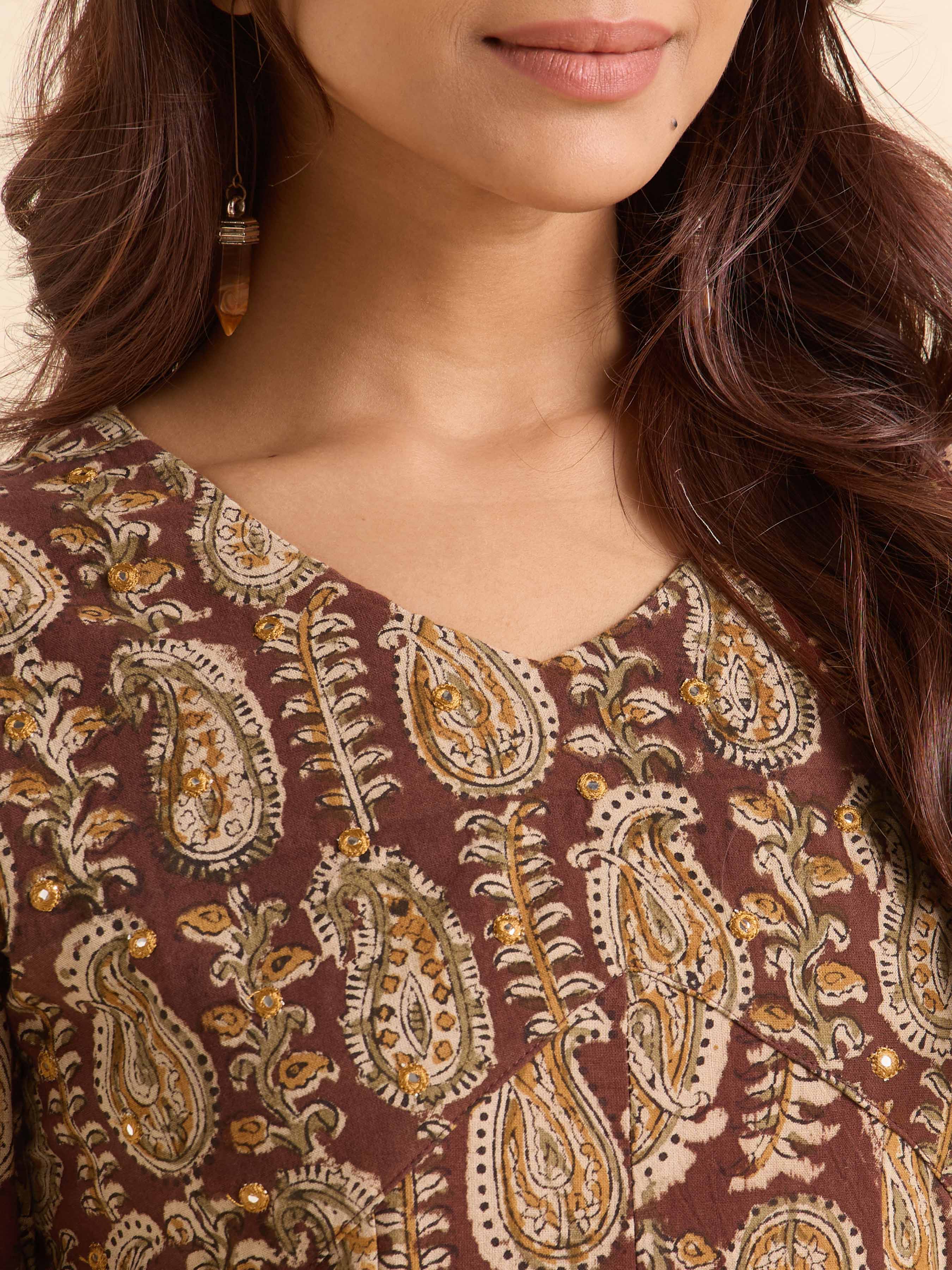 Coffee Brown Multi Colour Pure Cotton Printed Flared Kali-Cut Kurti With Mirror Work