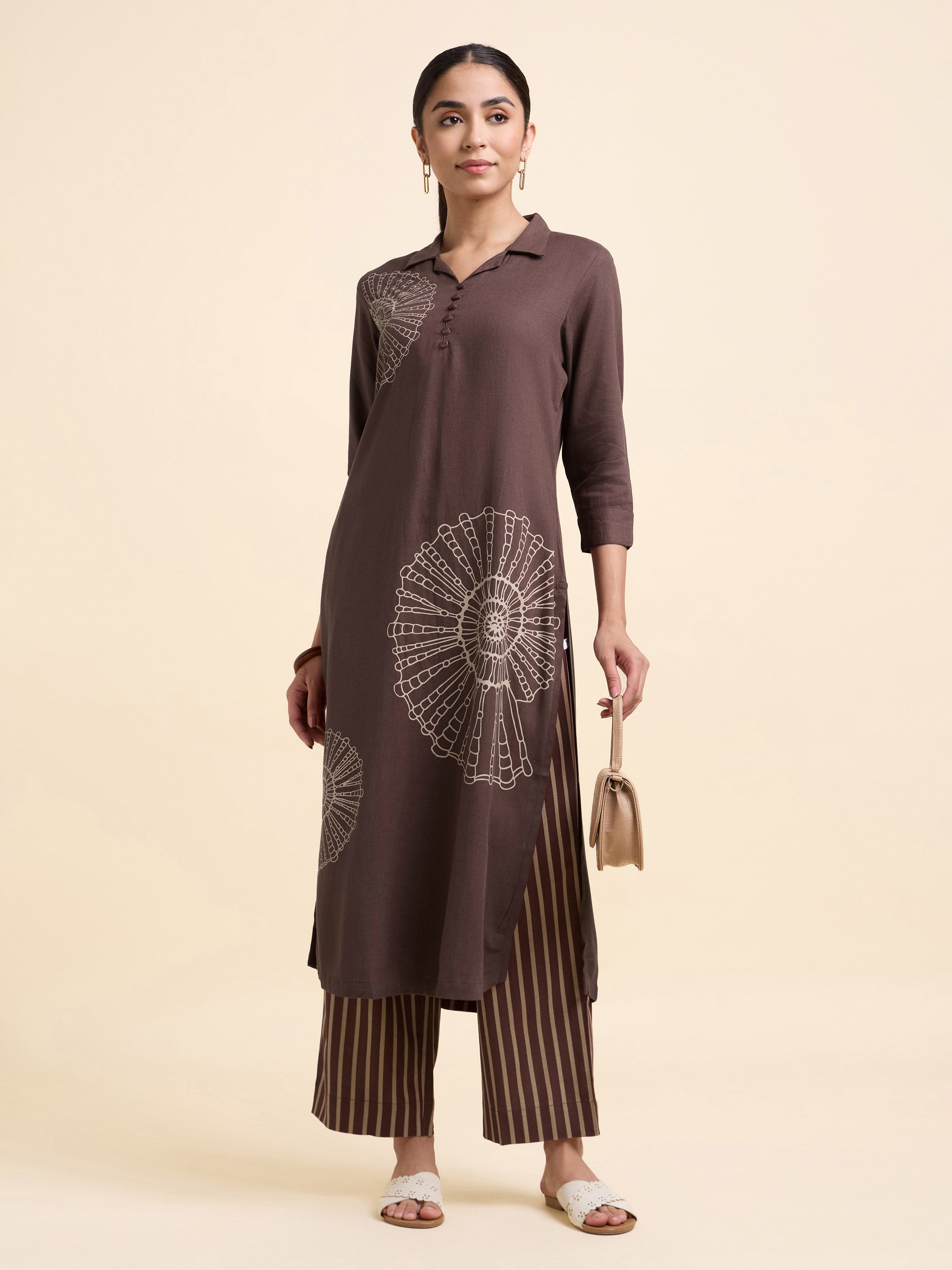 Coffee Brown Viscose Linen Plain Slitted Kurti Set With Placement Print