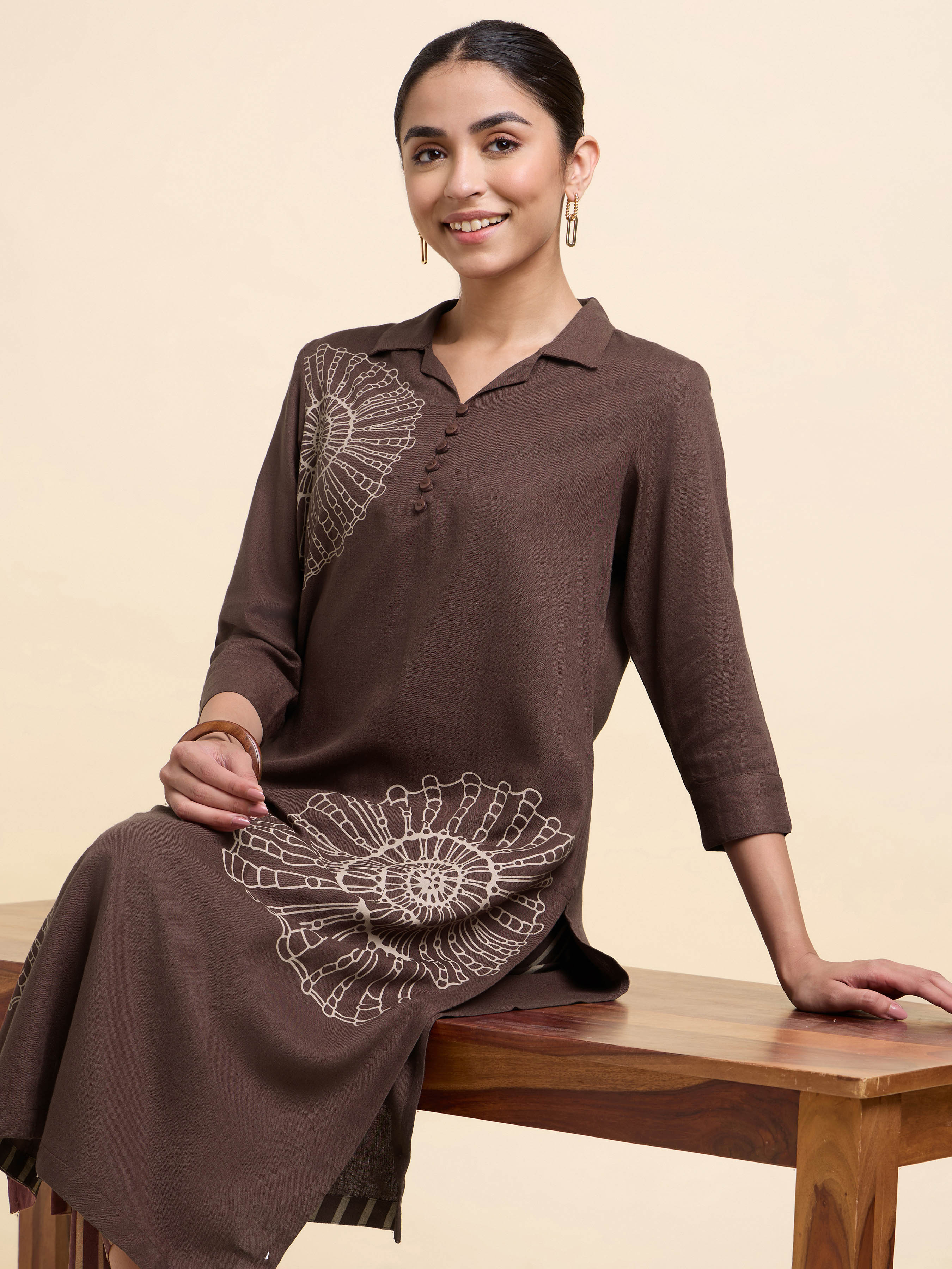 Coffee Brown Viscose Linen Plain Slitted Kurti Set With Placement Print