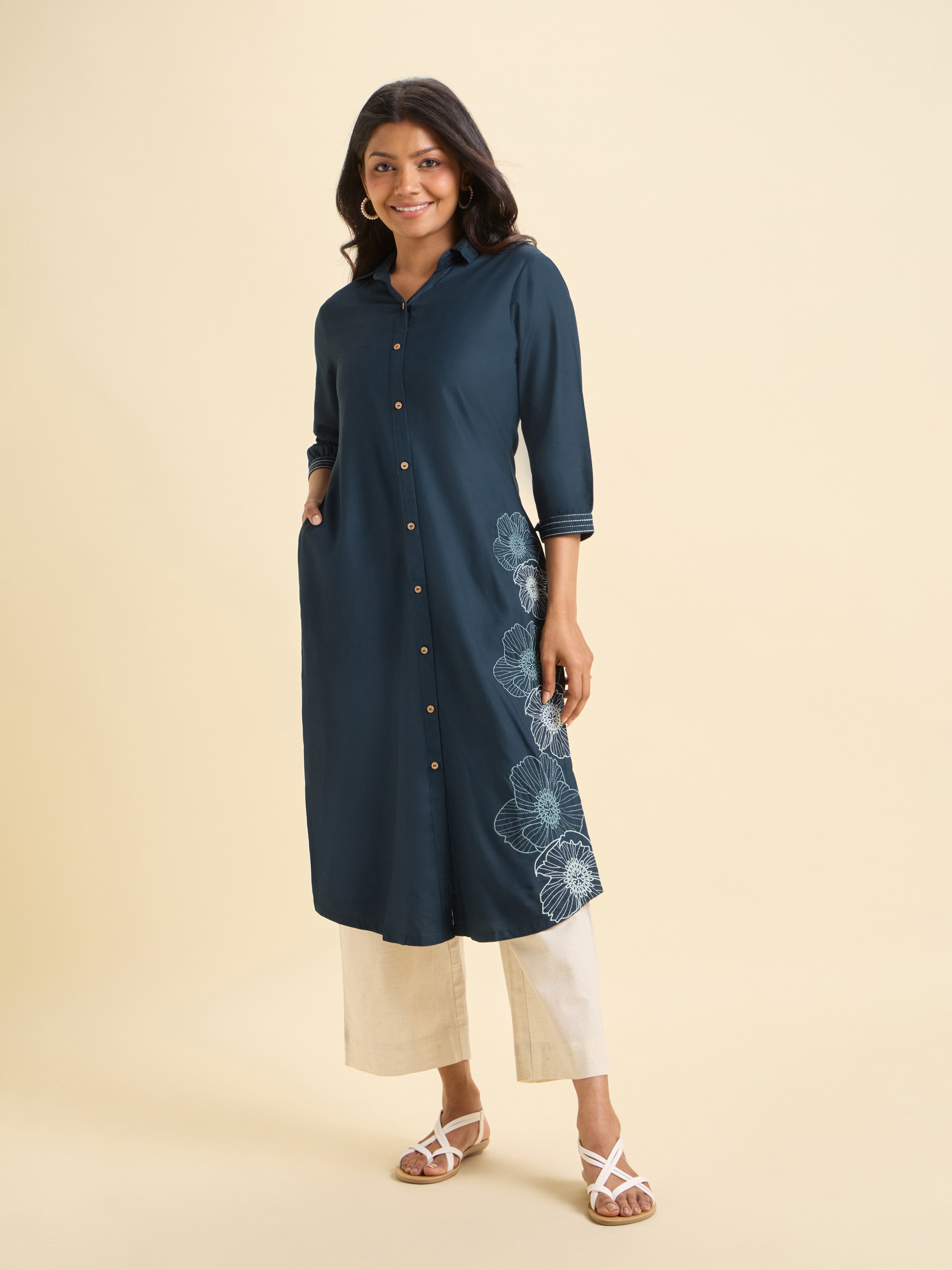 Teal Viscose Plain Slitted Kurti With Embroidery