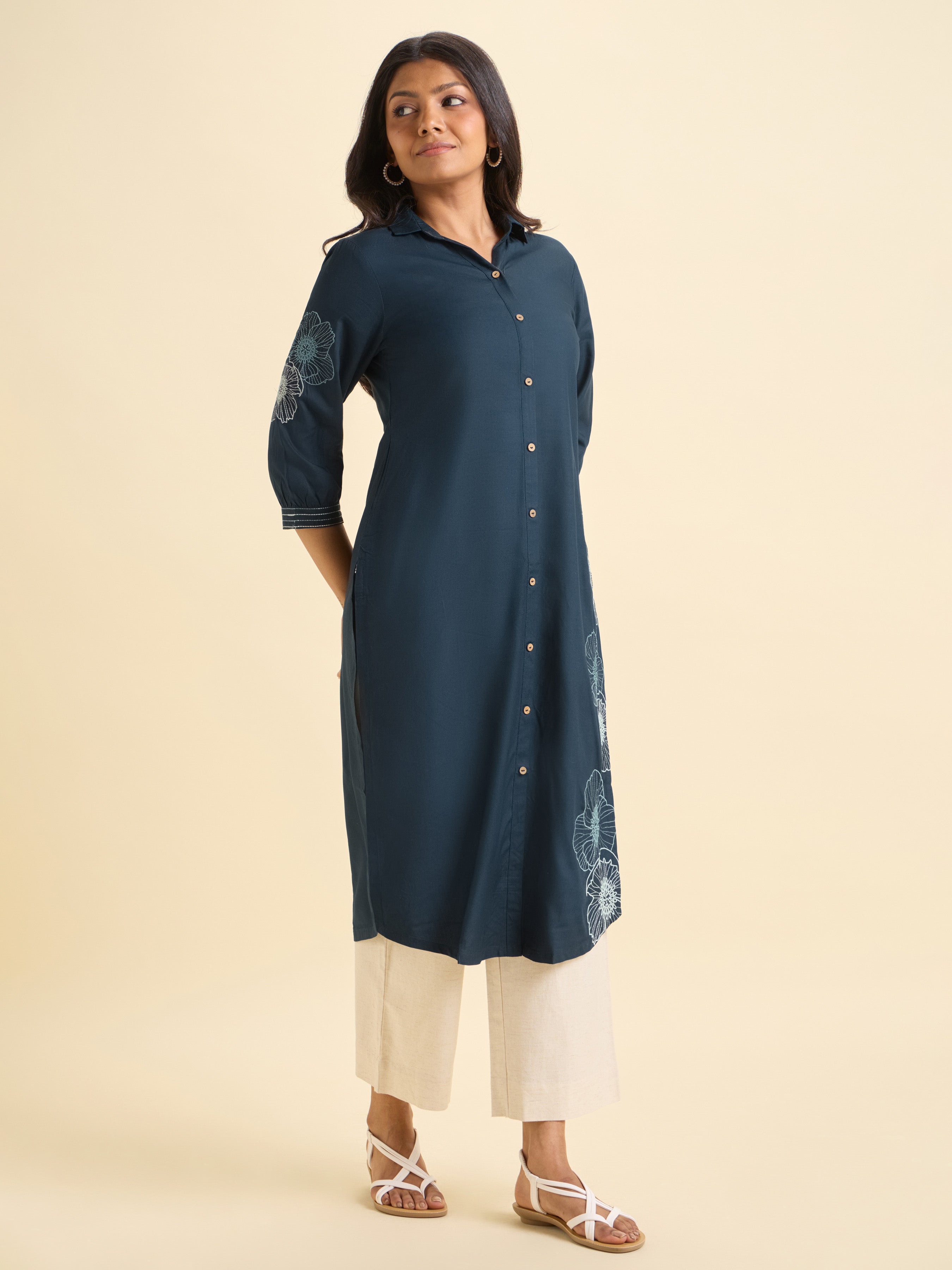 Teal Viscose Plain Slitted Kurti With Embroidery