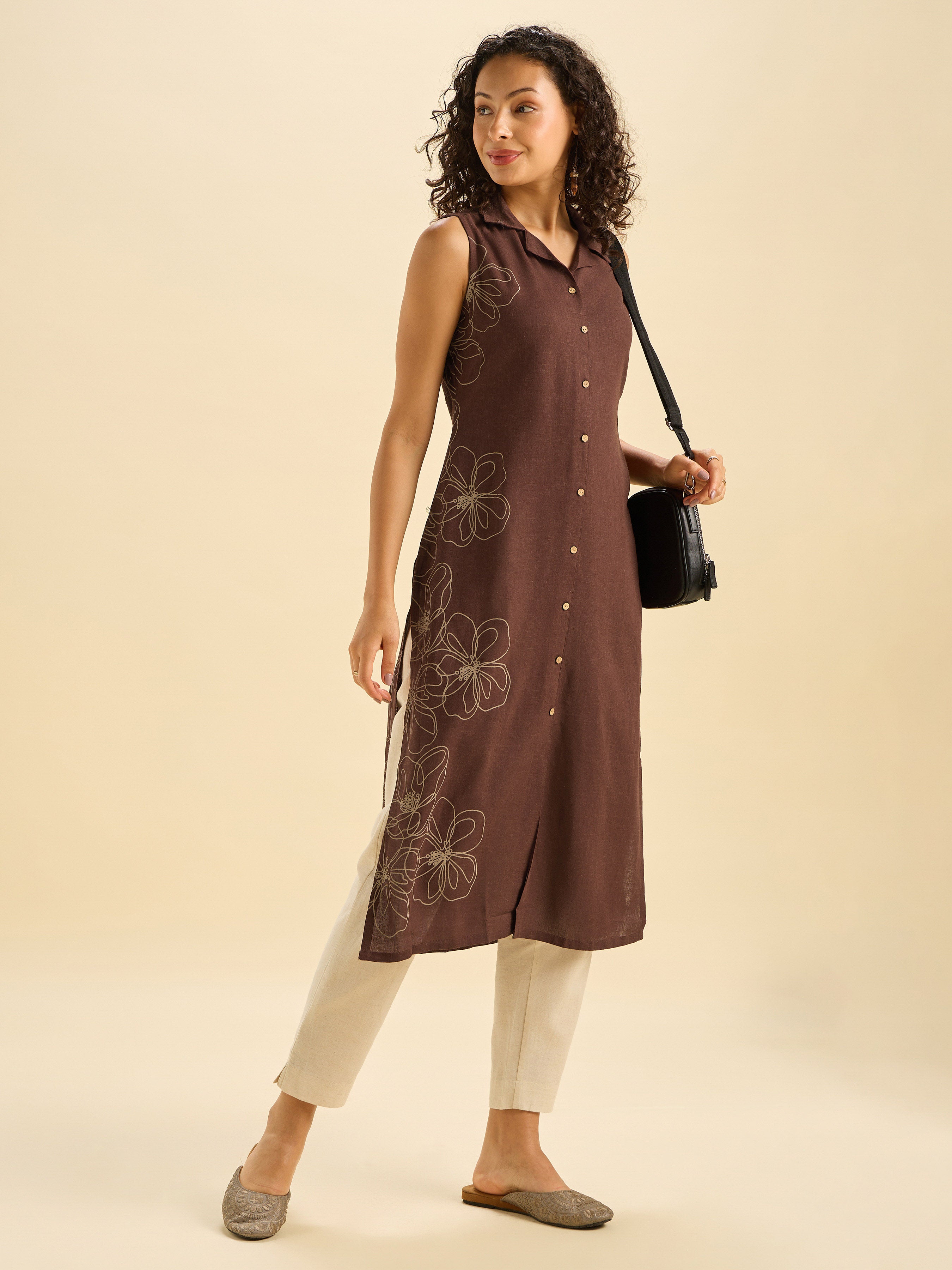 Coffee Brown Viscose Linen Slited Kurti With Placement Print