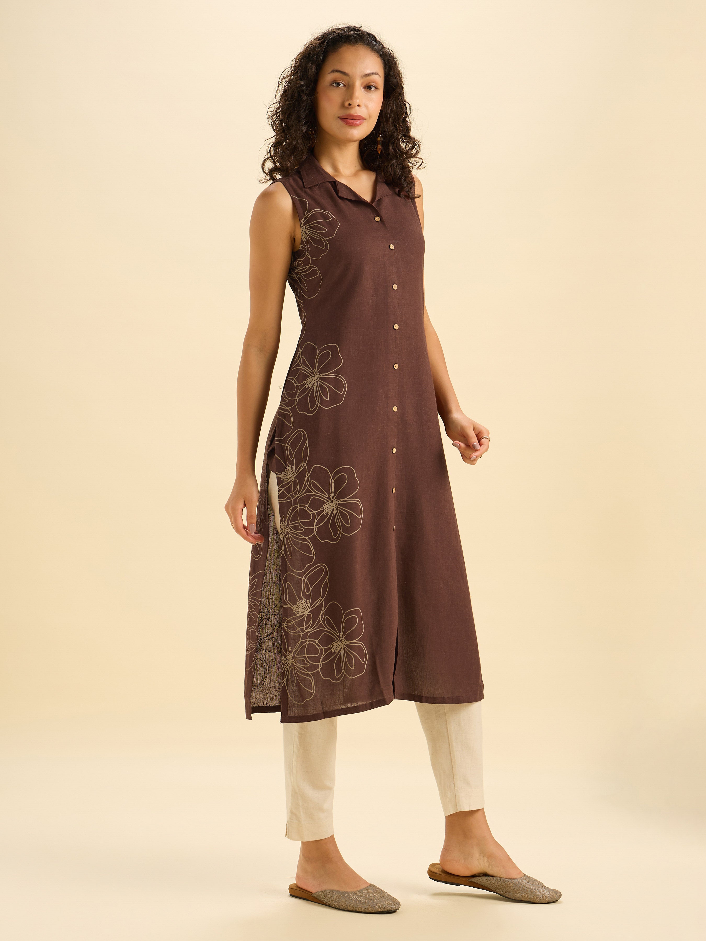 Coffee Brown Viscose Linen Slited Kurti With Placement Print