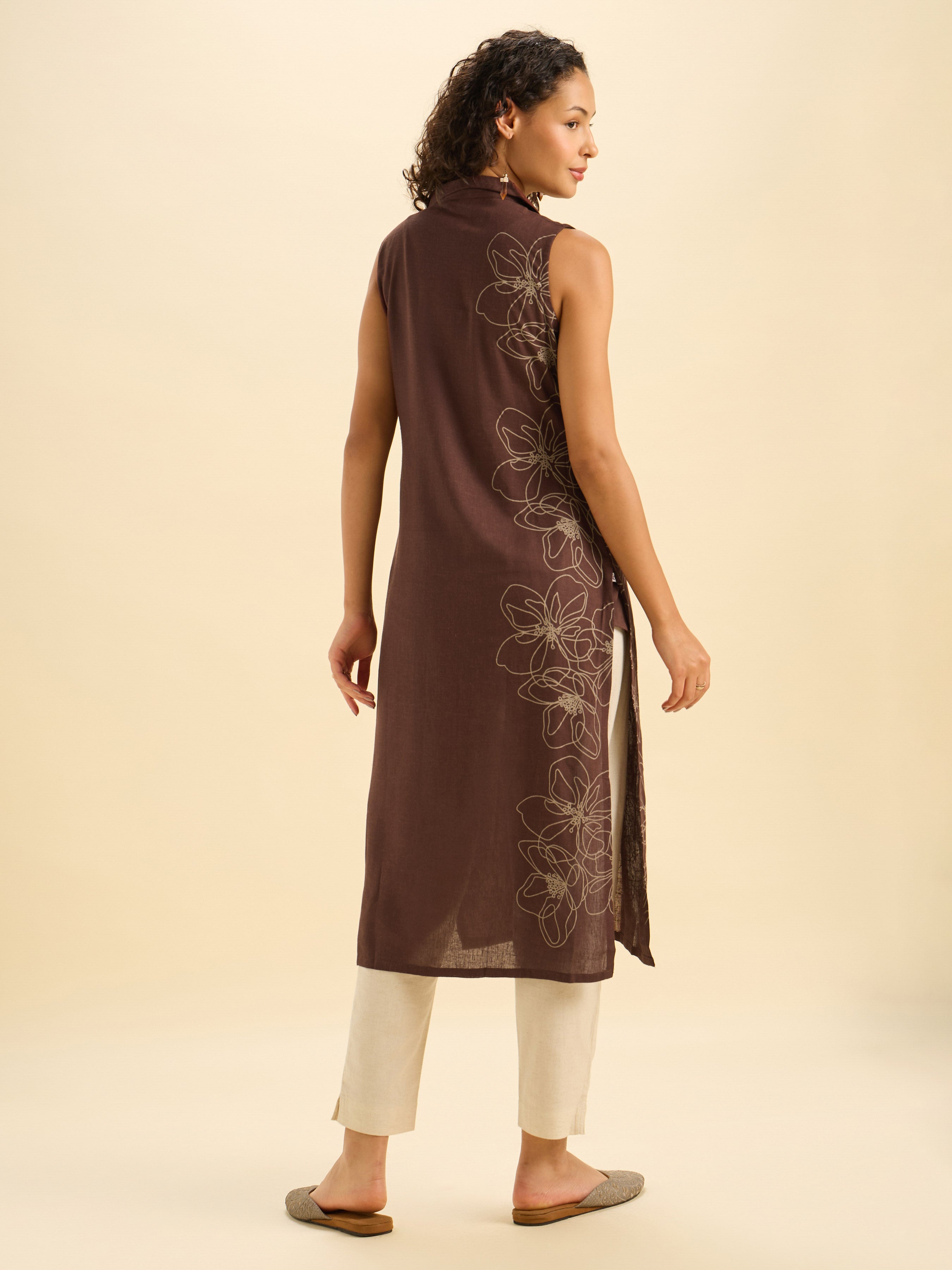 Coffee Brown Viscose Linen Slited Kurti With Placement Print