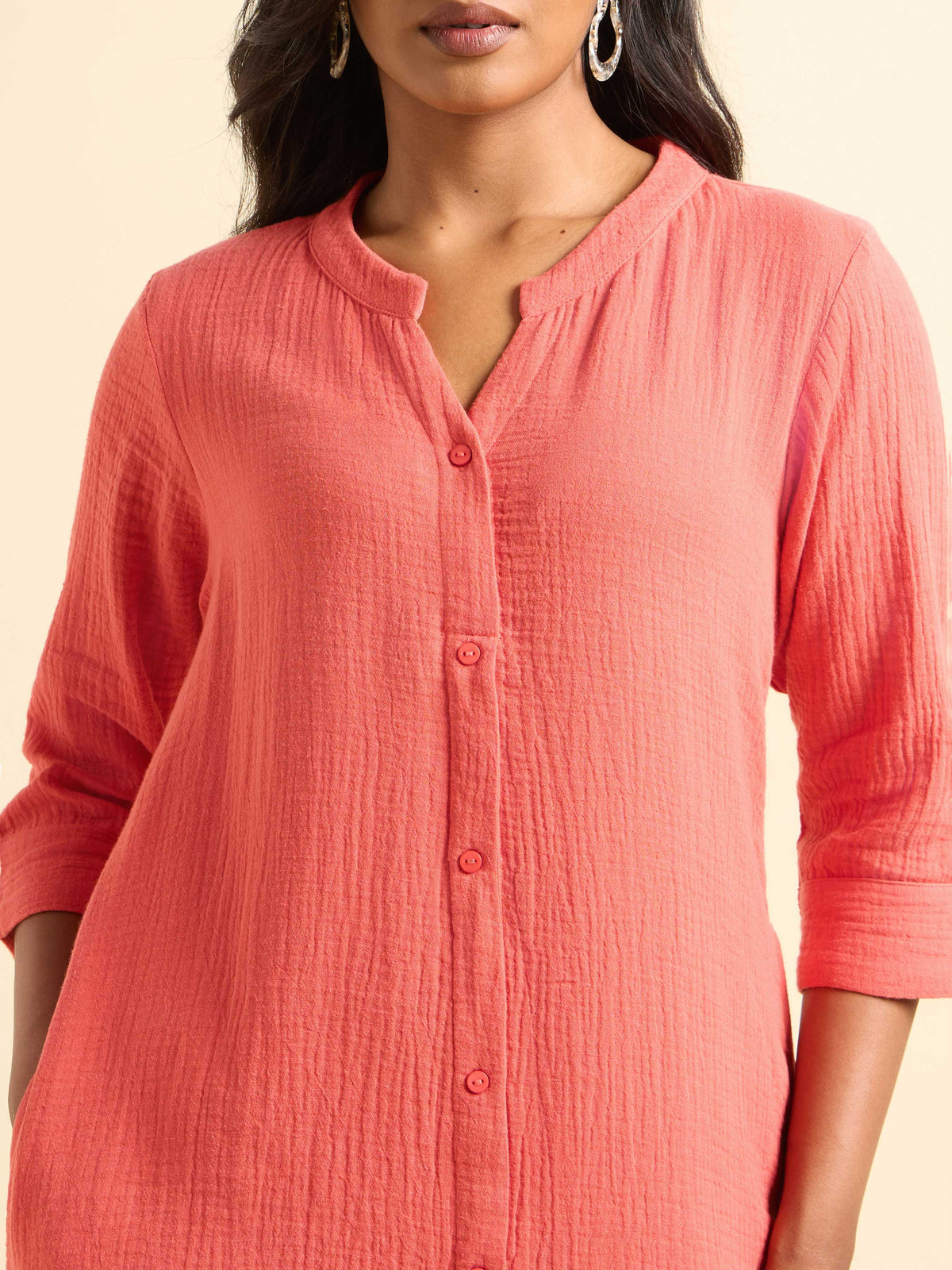 Coral Colour Cotton Double Cloth Plain Kurti With Flared Centre Cut Relaxed Fit Curved Hem