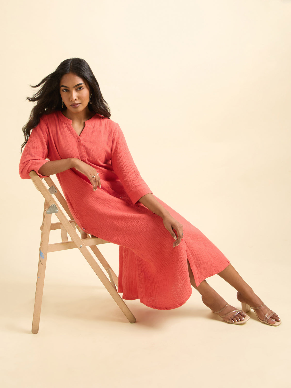 Coral Colour Cotton Double Cloth Plain Kurti With Flared Centre Cut Relaxed Fit Curved Hem