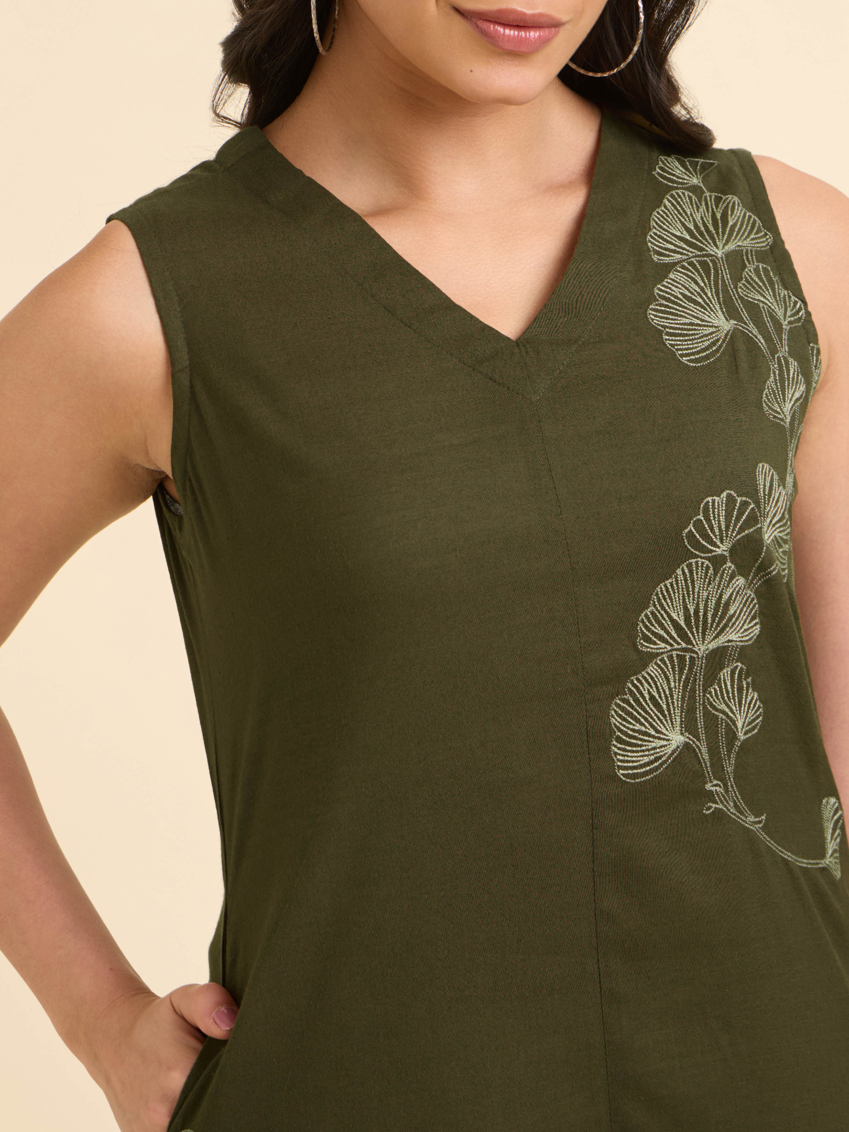 Dark Olive Green Cotton Viscose Slub Flared Plain Kurti With Embroidery