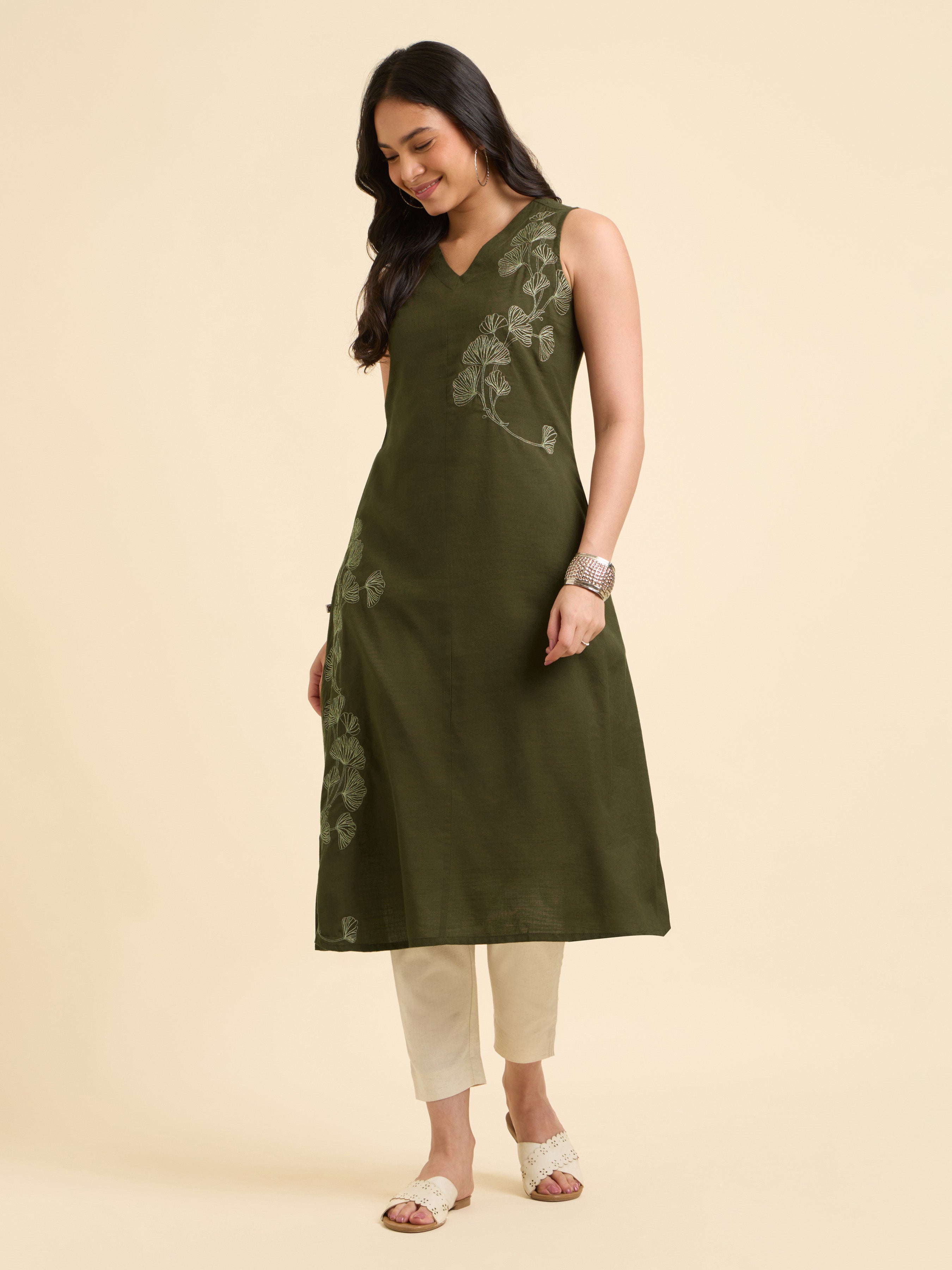 Dark Olive Green Cotton Viscose Slub Flared Plain Kurti With Embroidery