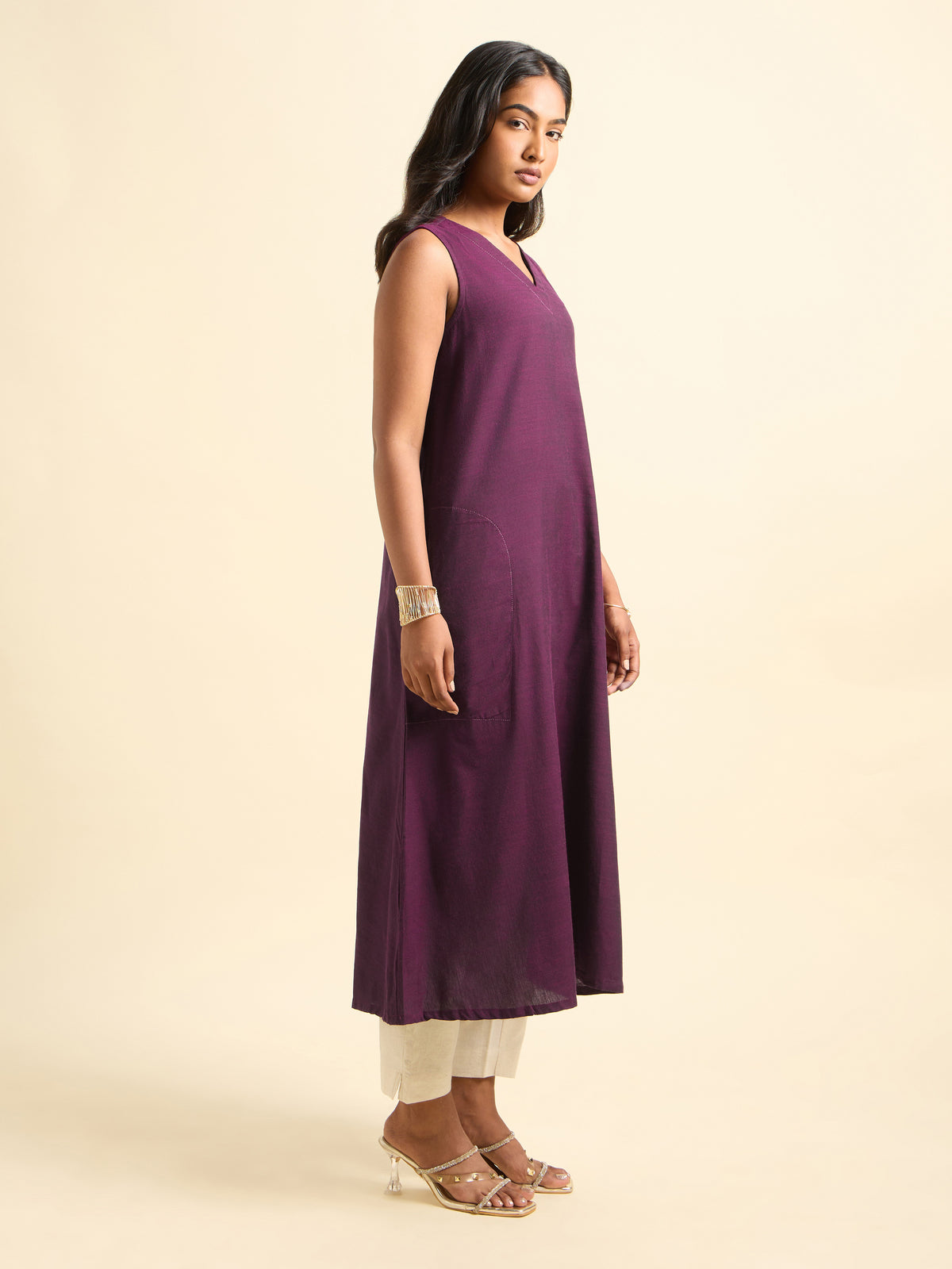 Dark Purple Cotton Viscose Slub Flared Kurti With Pouch Pocket And Minimal Embroidery Detailing