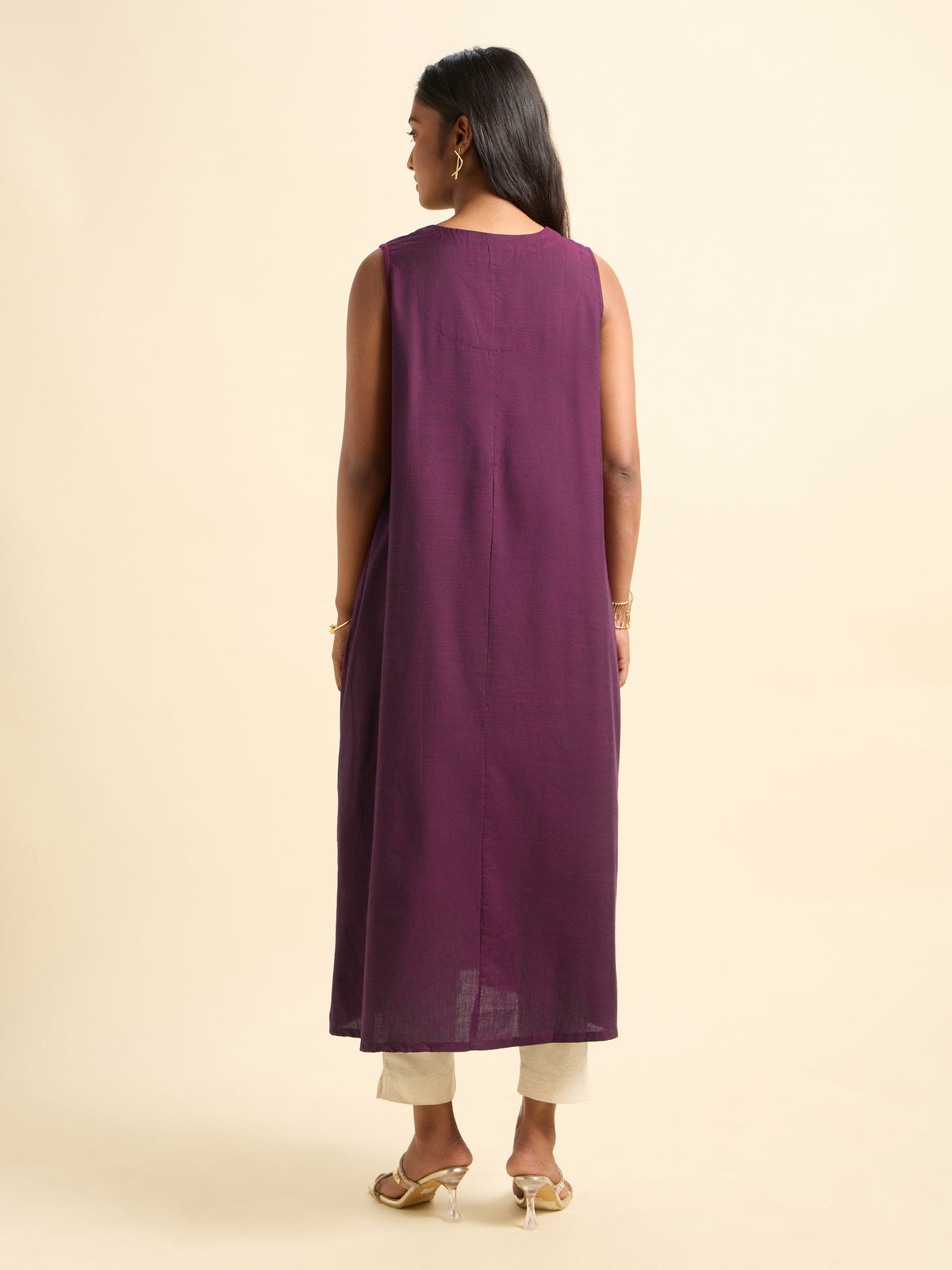 Dark Purple Cotton Viscose Slub Flared Kurti With Pouch Pocket And Minimal Embroidery Detailing