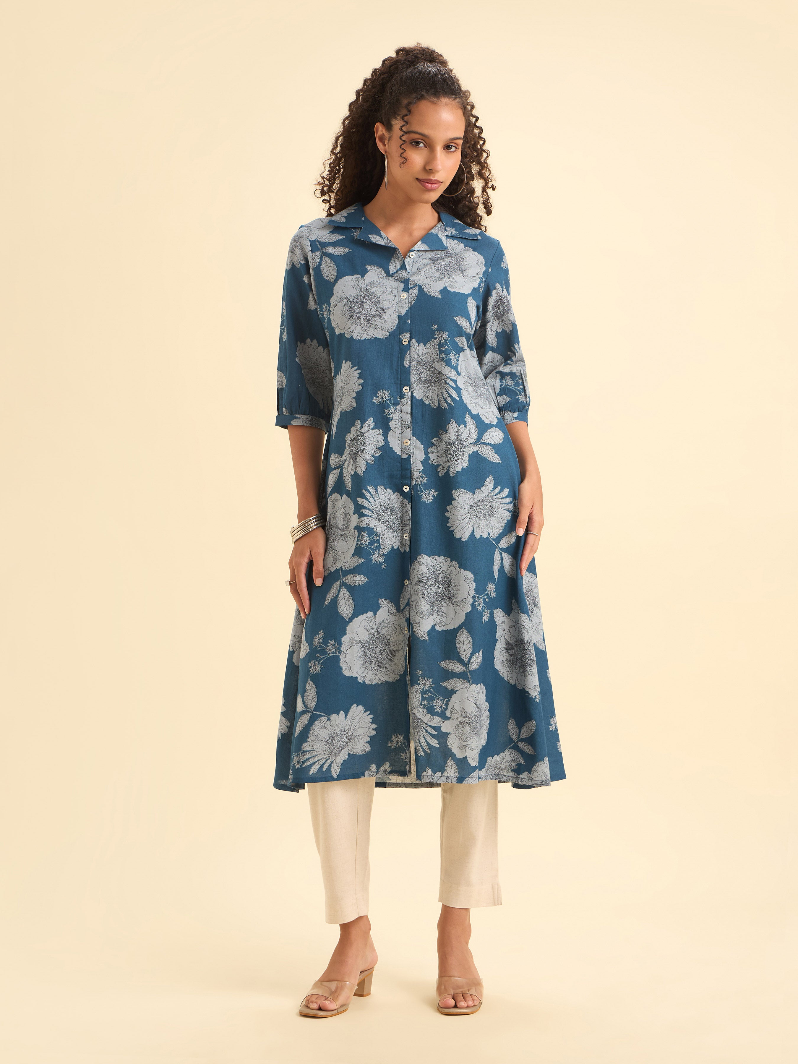 Denim Blue Cotton Flax Printed Kurti With Box Pleat Running Stitch Embroidery