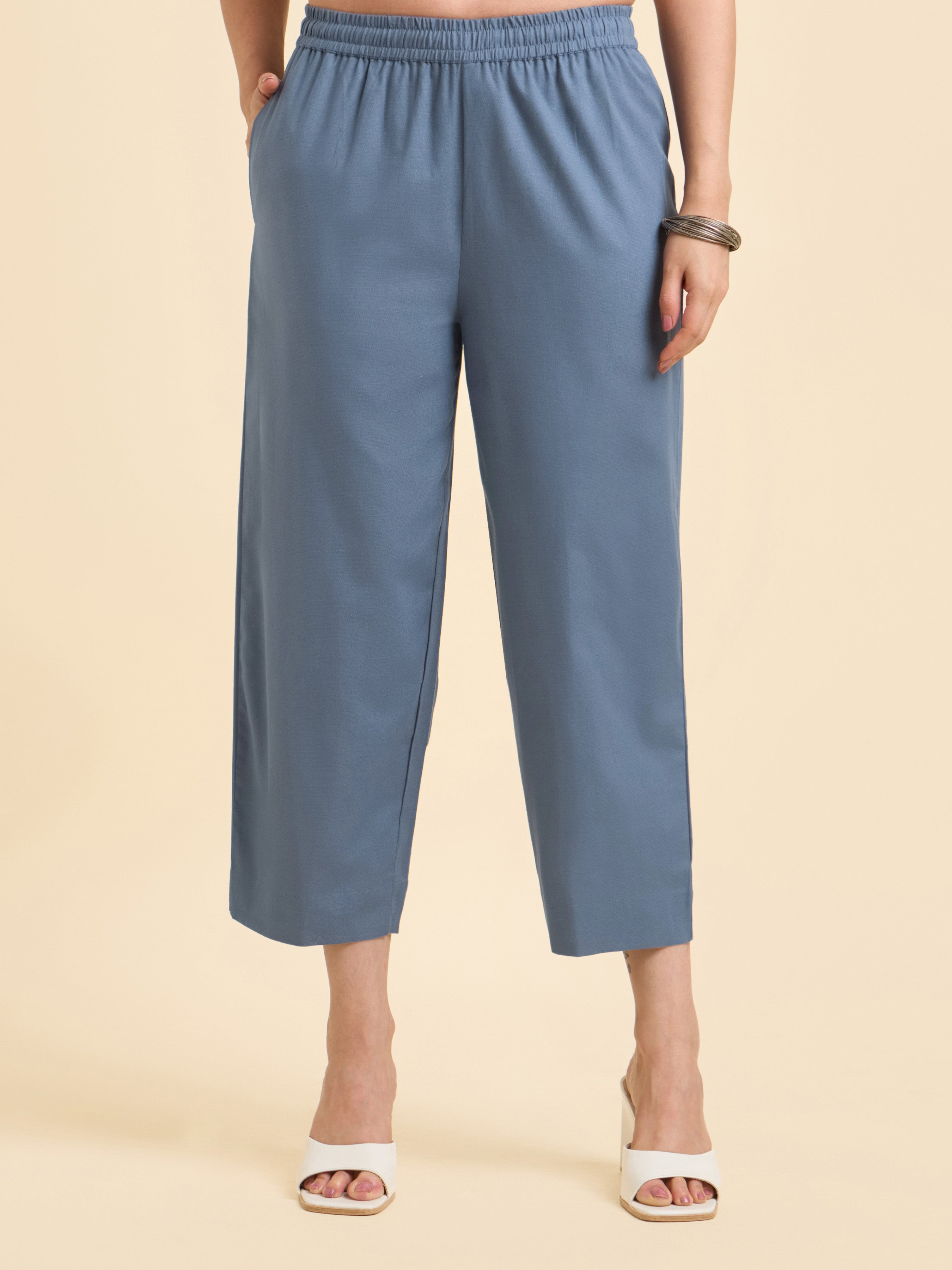 Denim Blue Cotton Flax Slub Plain Slitted Sleeveless Kurti With Bottom And Embroidery
