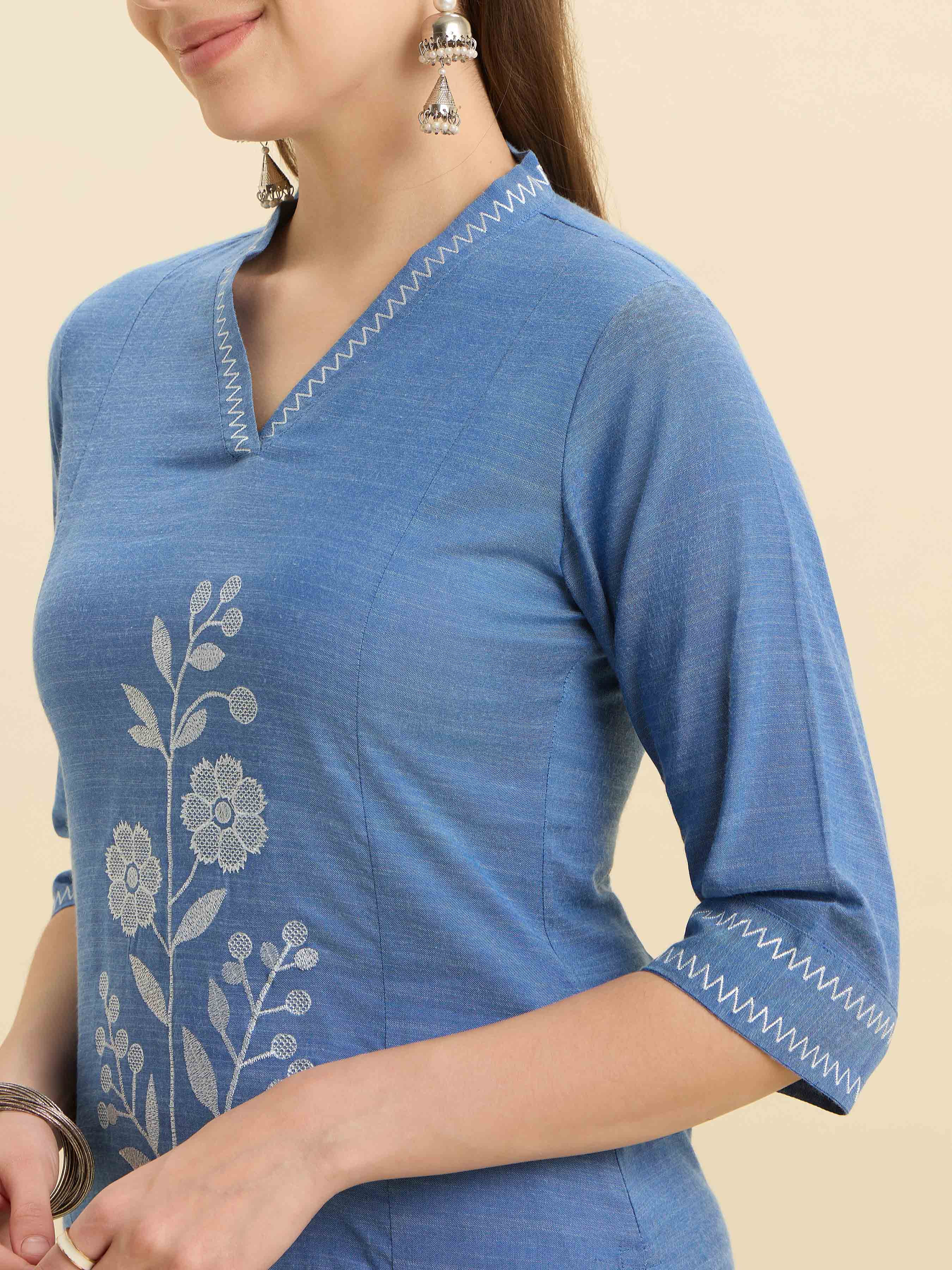 Denim Blue Cotton Viscose Slit Kurti With Embroidery