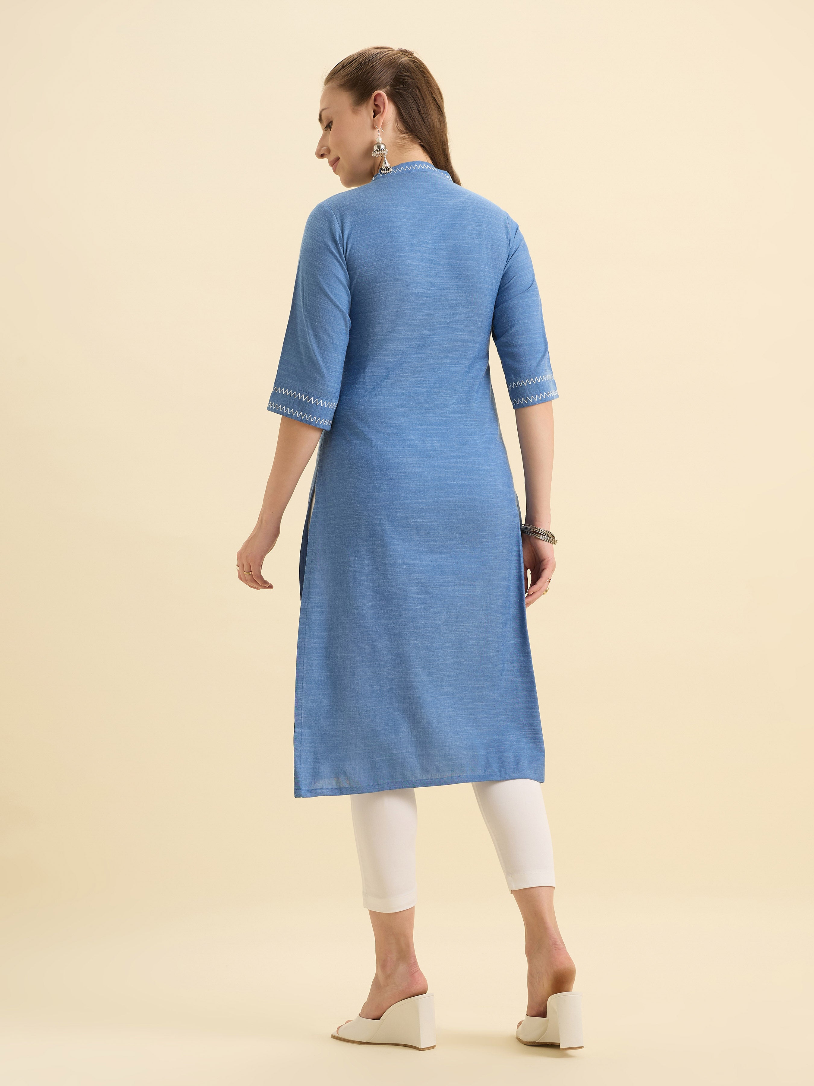 Denim Blue Cotton Viscose Slit Kurti With Embroidery