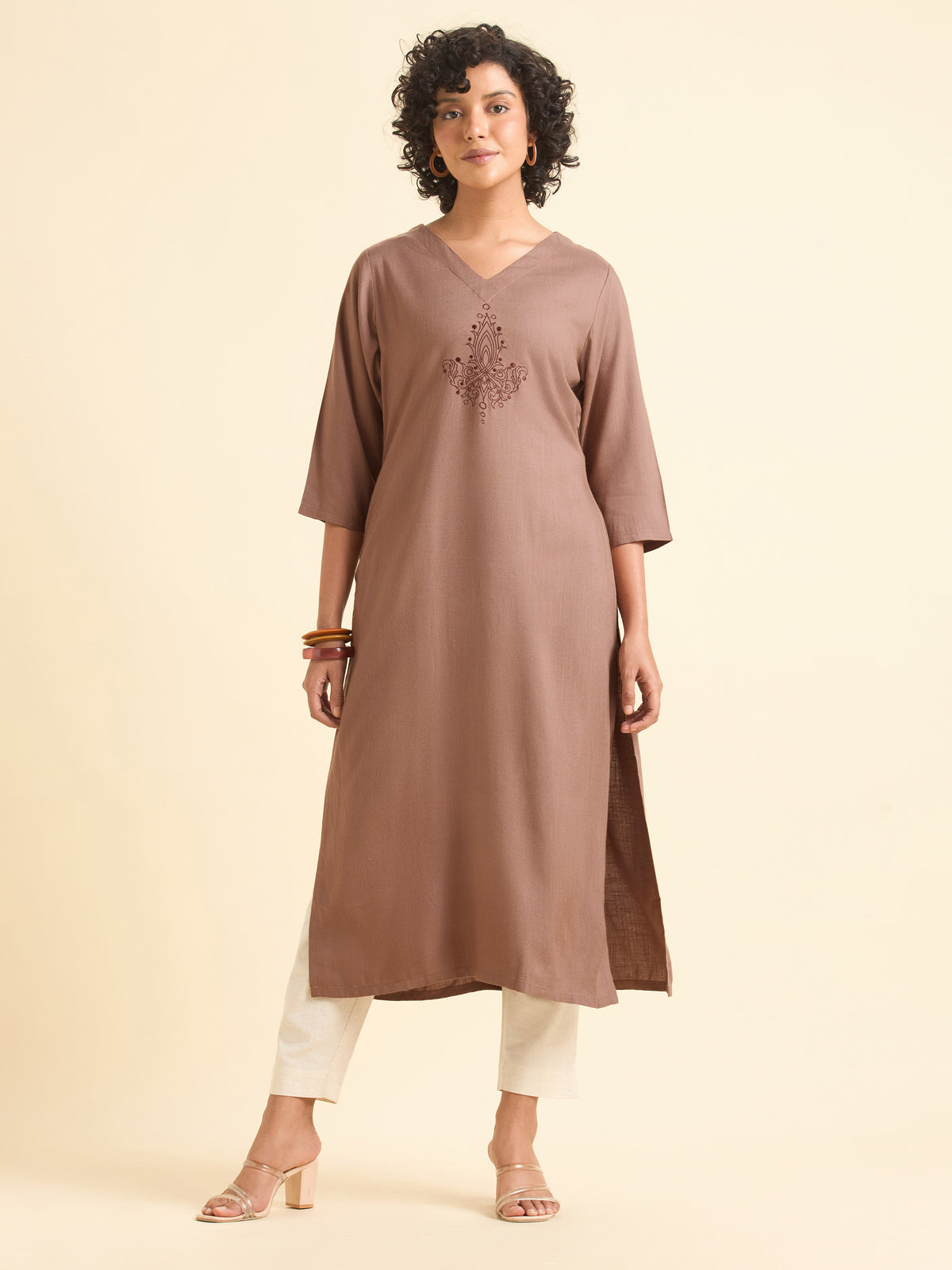 Dusty Brown Viscose Plain Slitted Kurti