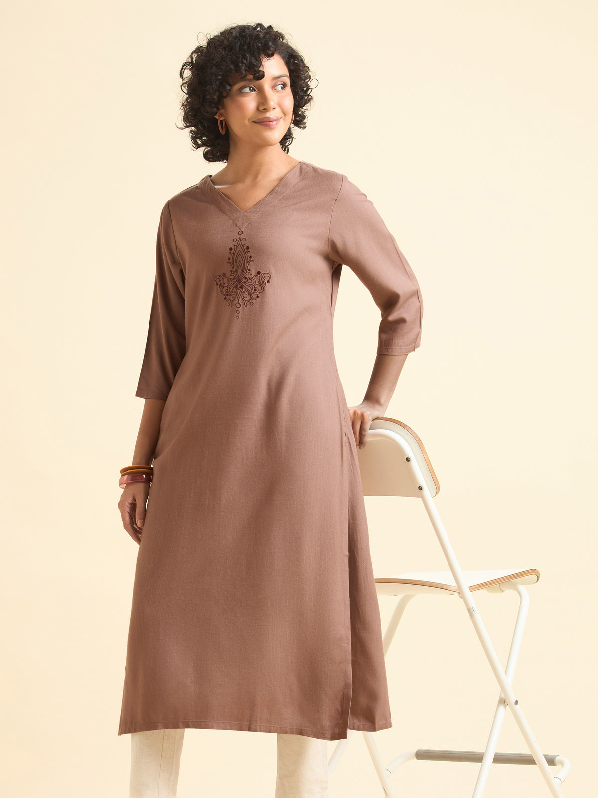 Dusty Brown Viscose Plain Slitted Kurti