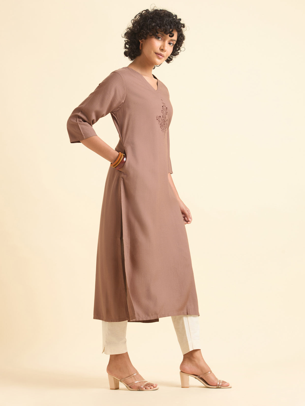 Dusty Brown Viscose Plain Slitted Kurti