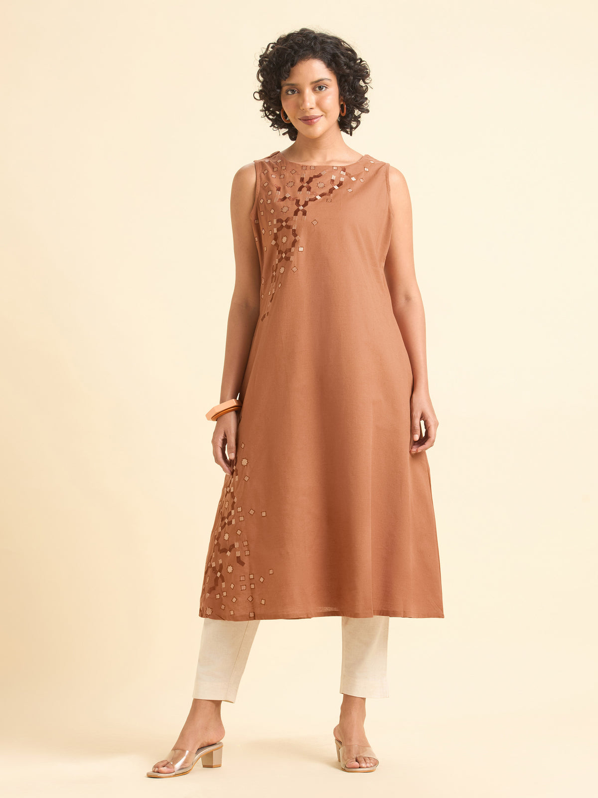 Dusty Orange Cotton Flax Slub Plain Flared Kurti With Embroidery