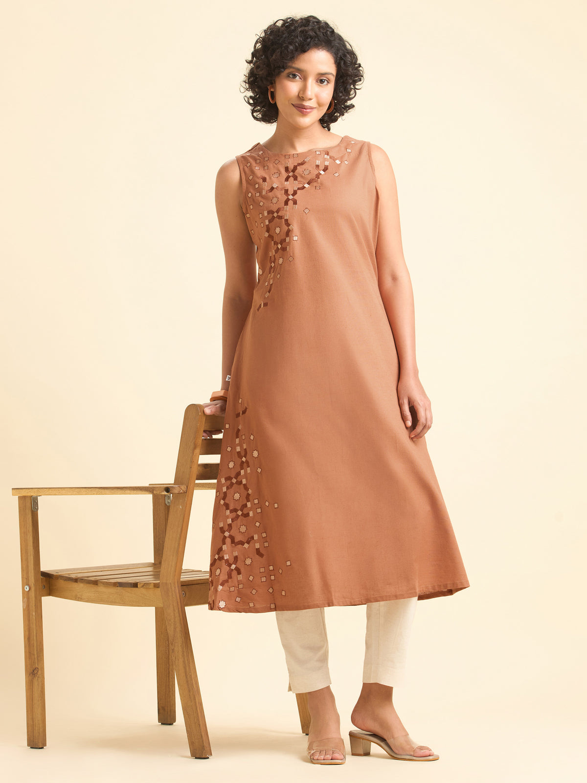 Dusty Orange Cotton Flax Slub Plain Flared Kurti With Embroidery