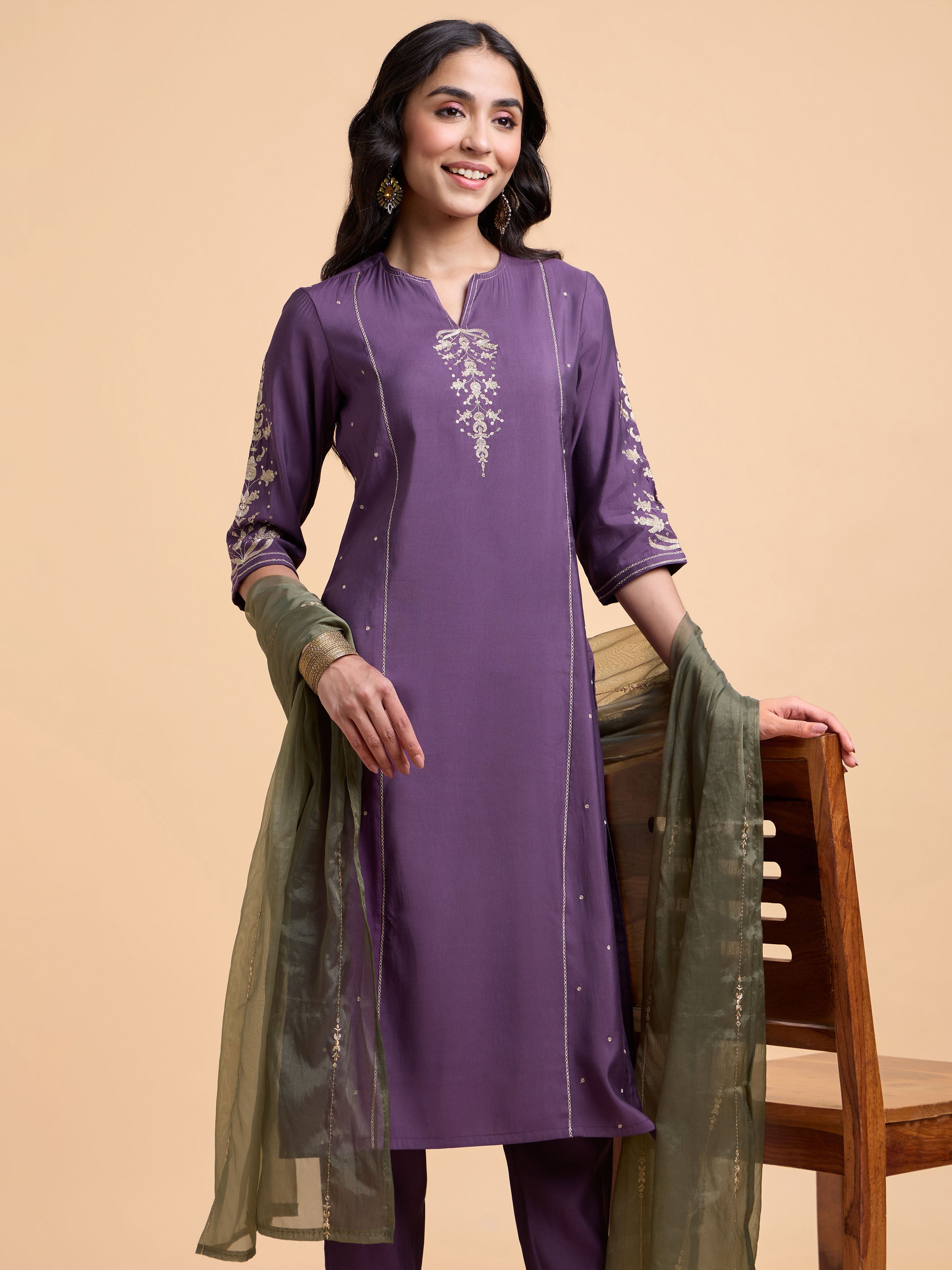 Dusty Purple Colour Poly Viscose Plain Slitted Kurti Set With Embroidery And Sequins Work