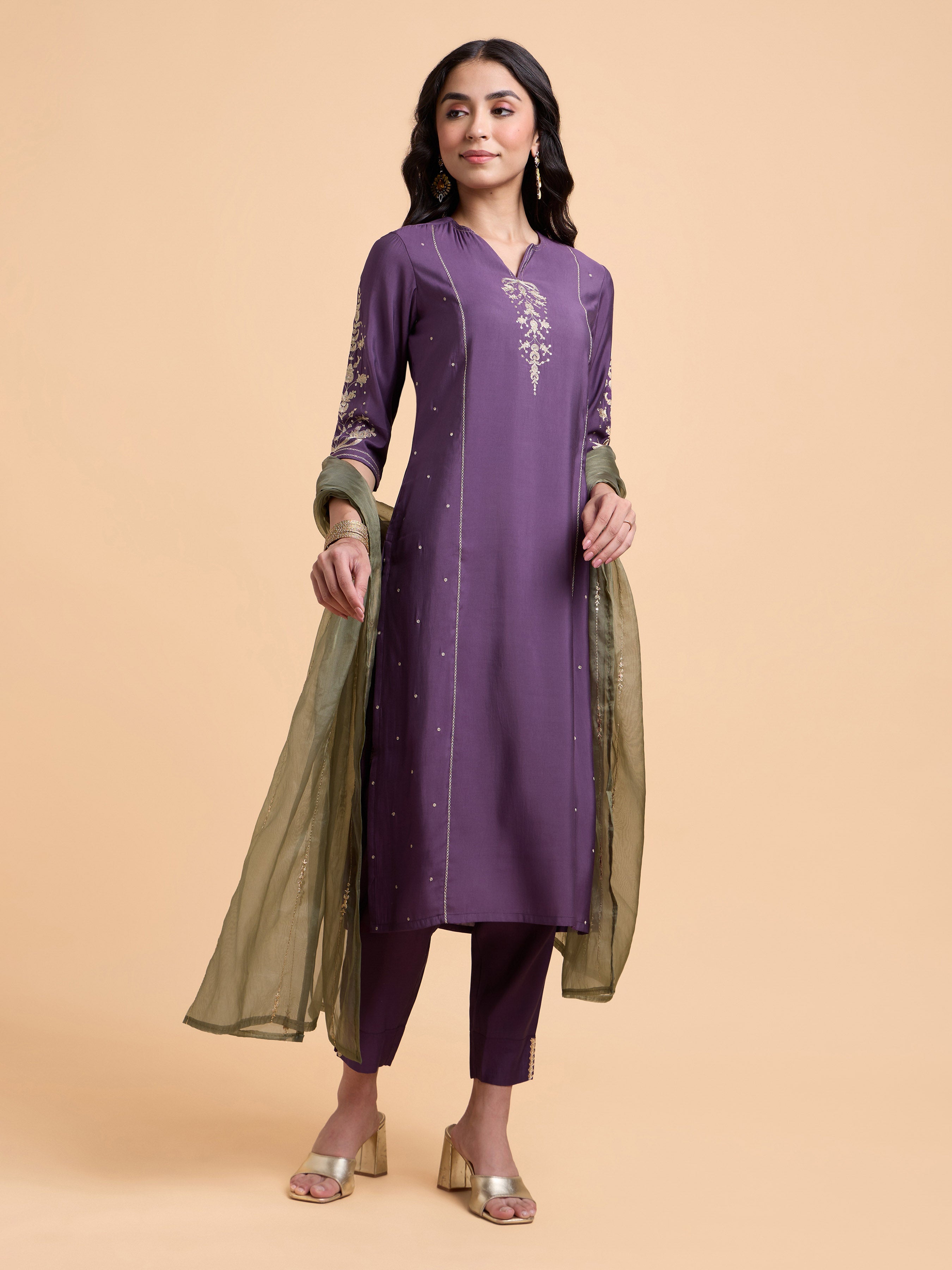Dusty Purple Colour Poly Viscose Plain Slitted Kurti Set With Embroidery And Sequins Work