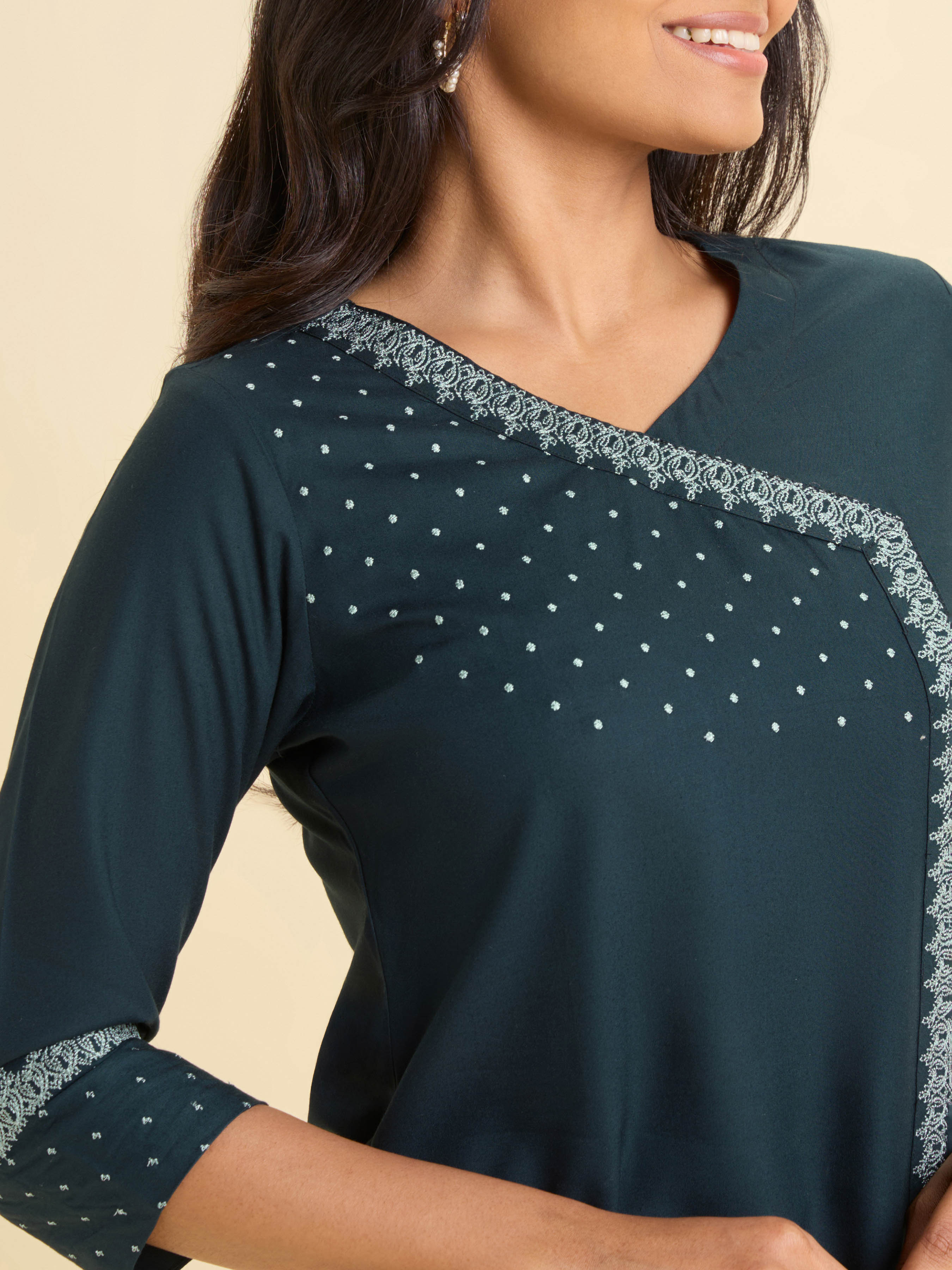 Teal Green Colour Viscose Plain Slitted Kurti With Embroidery