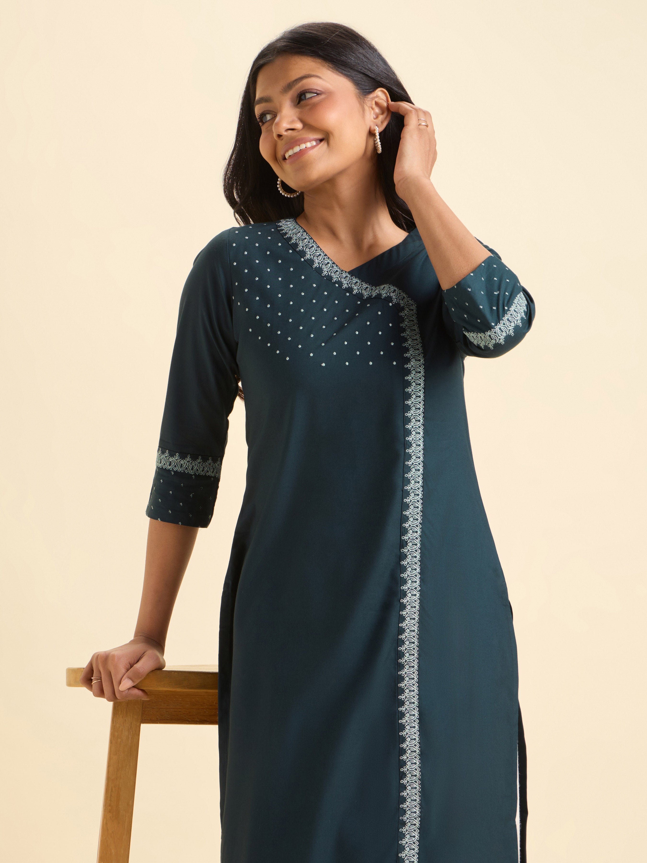 Teal Green Colour Viscose Plain Slitted Kurti With Embroidery
