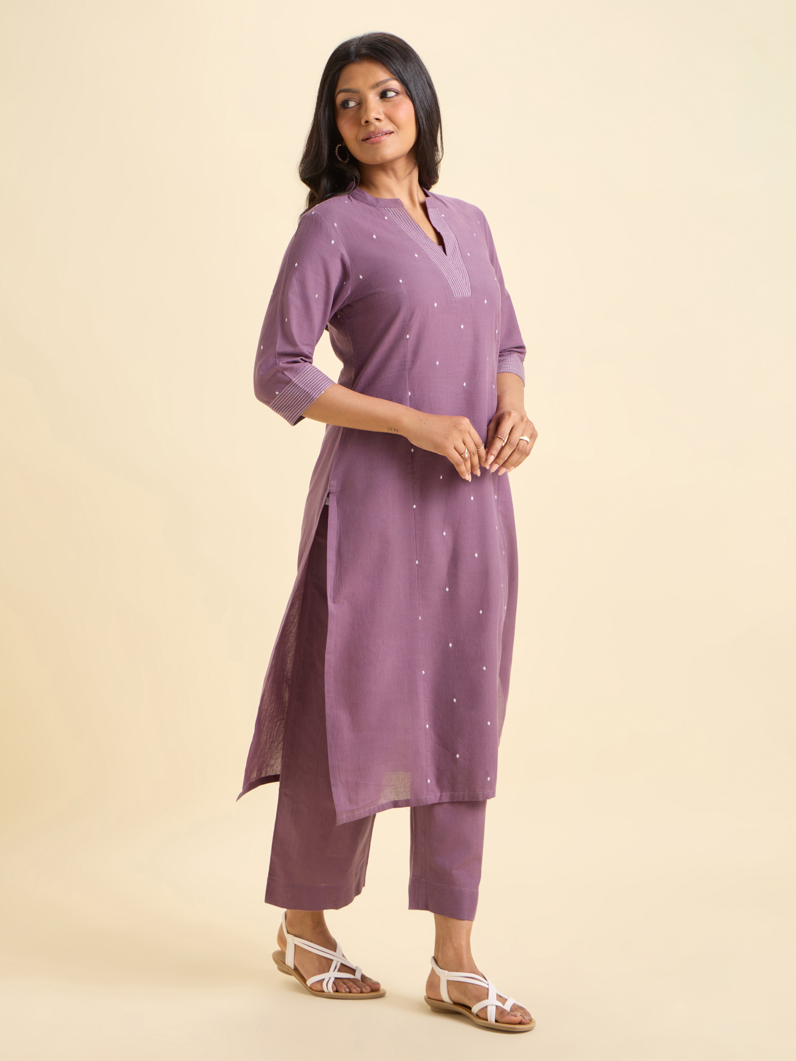 Dusty Purple Cotton Dobby Plain Slitted Kurti And Bottom