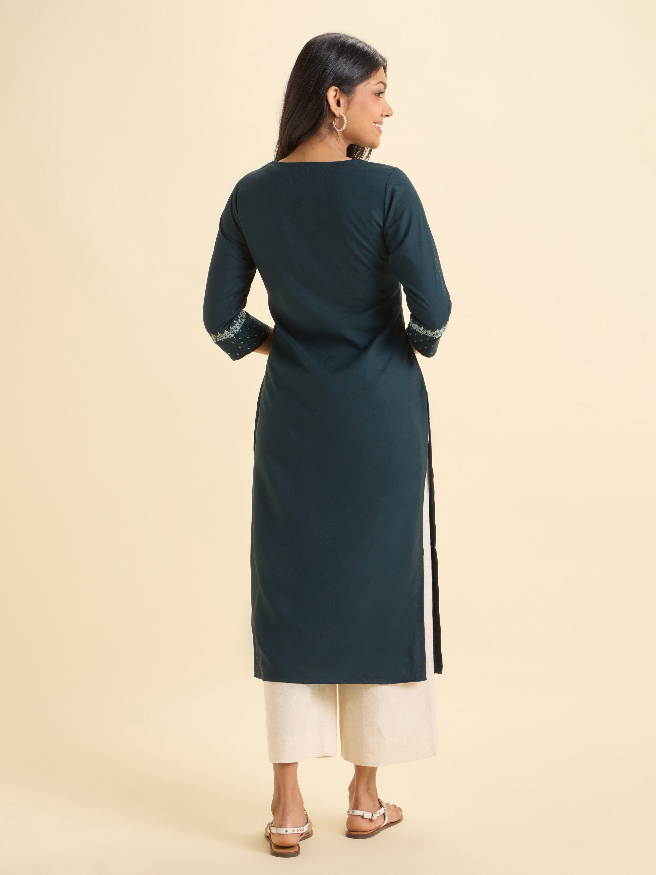 Teal Green Colour Viscose Plain Slitted Kurti With Embroidery