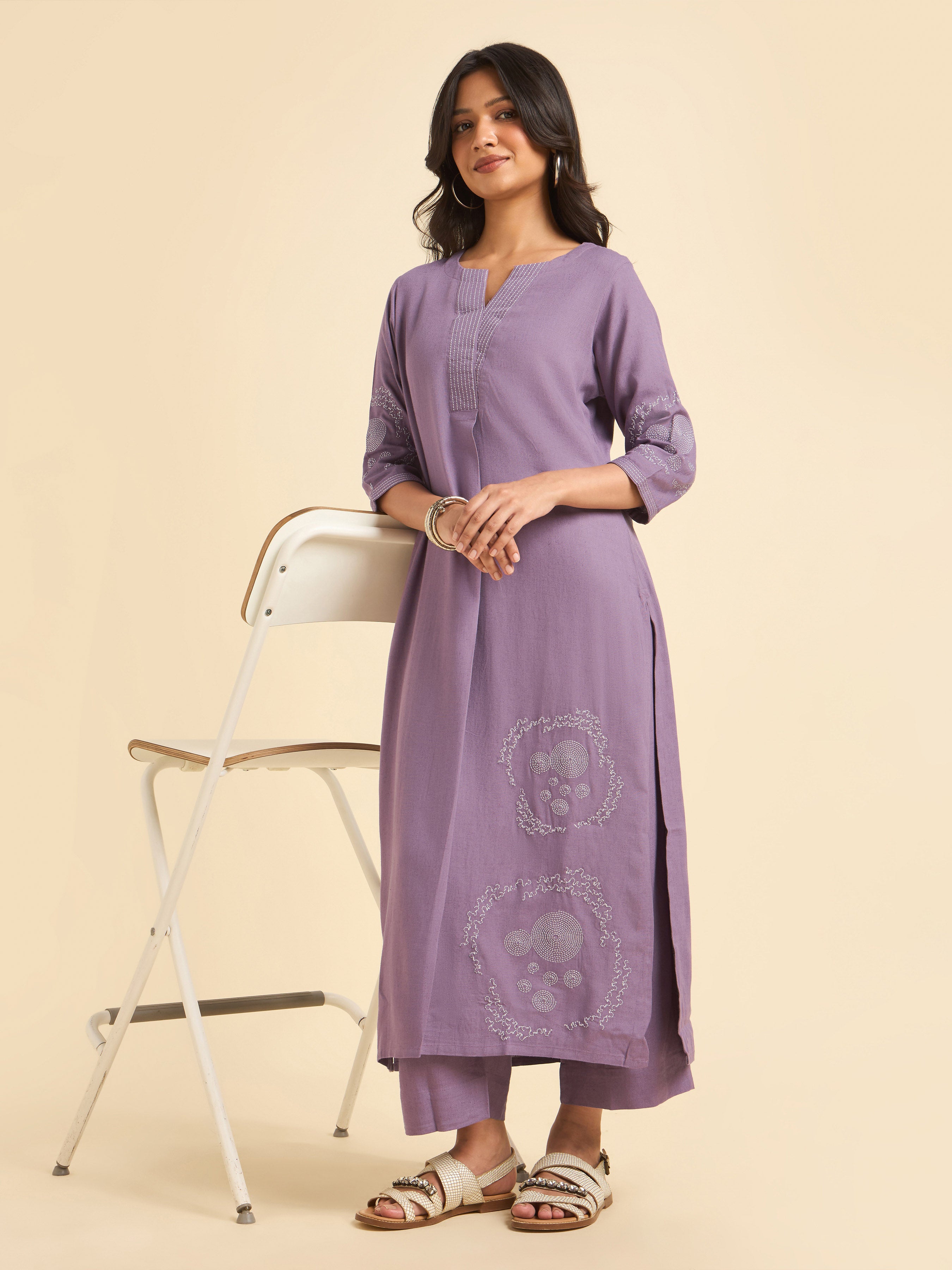 Dusty Purple Viscose Linen Plain Slitted Kurti With Embroidery