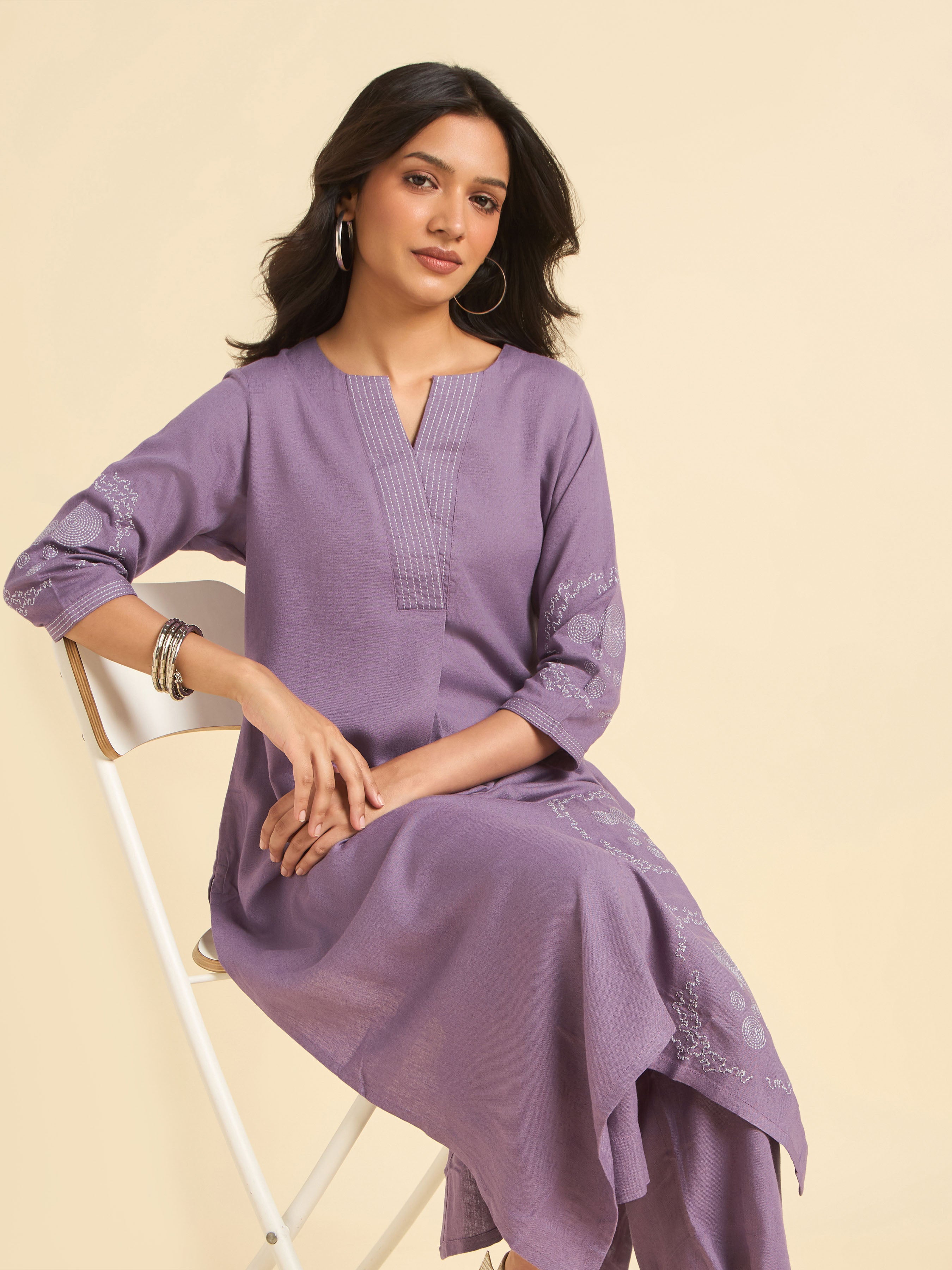 Dusty Purple Viscose Linen Plain Slitted Kurti With Embroidery