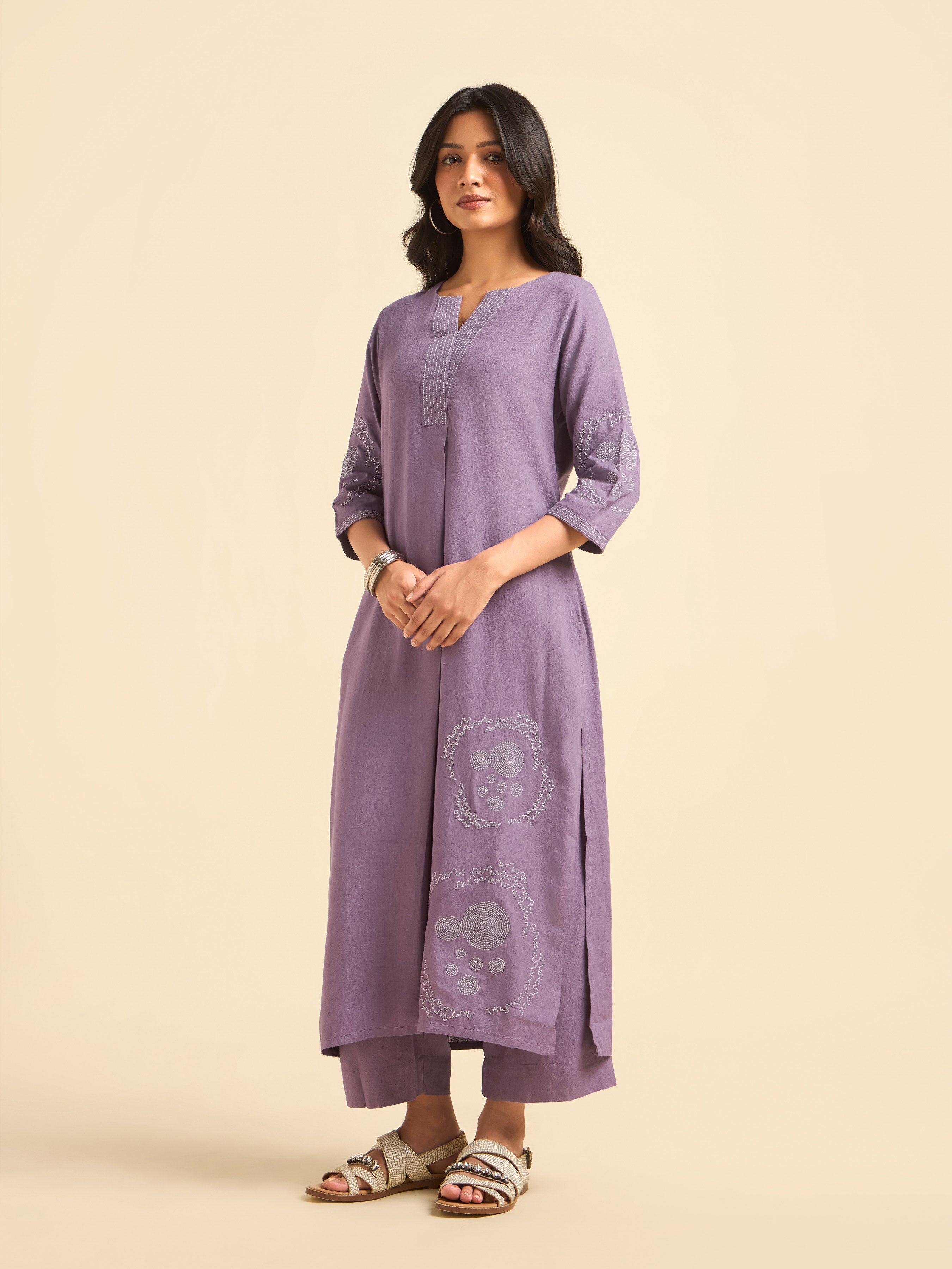 Dusty Purple Viscose Linen Plain Slitted Kurti With Embroidery