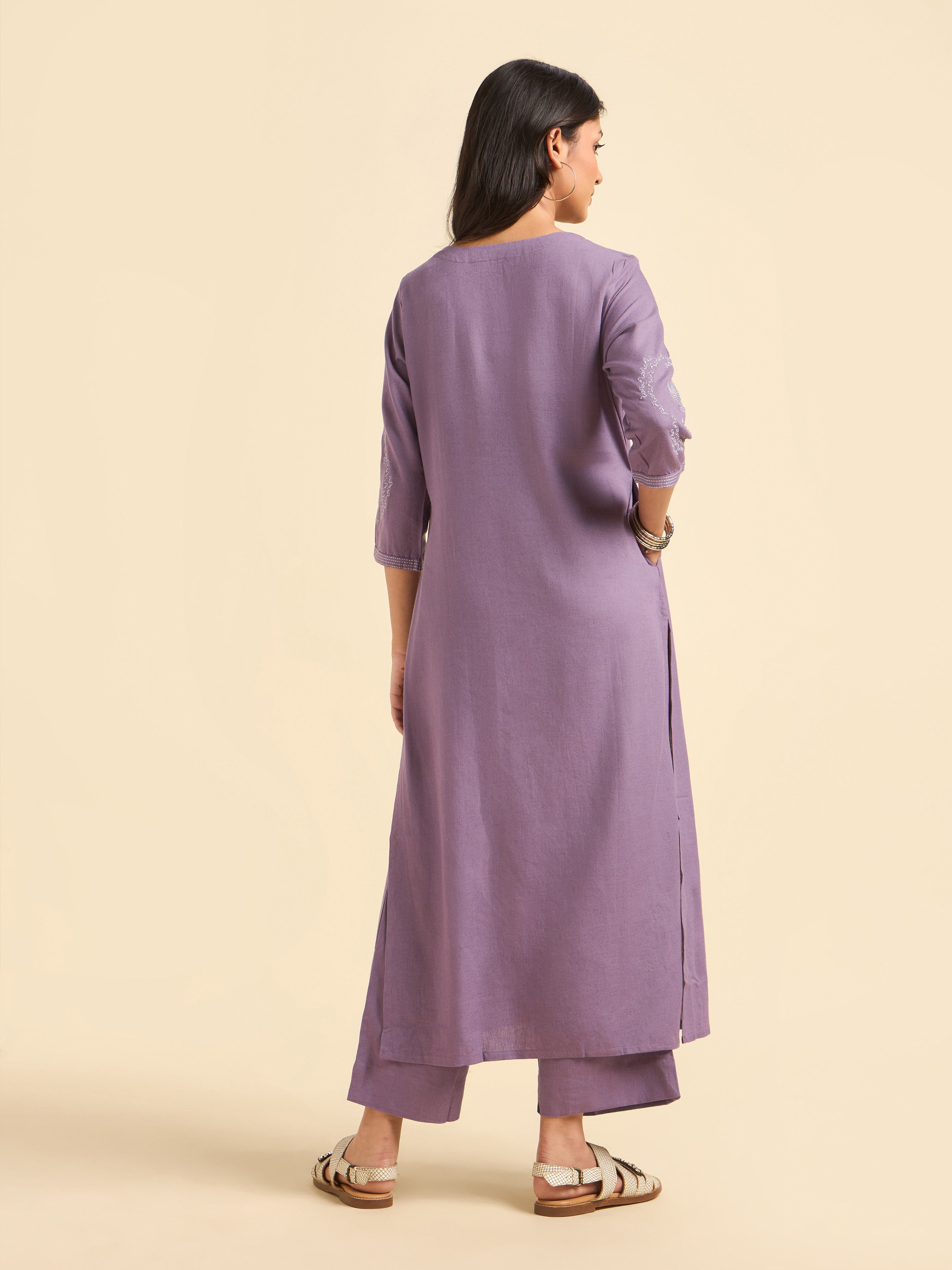 Dusty Purple Viscose Linen Plain Slitted Kurti With Embroidery