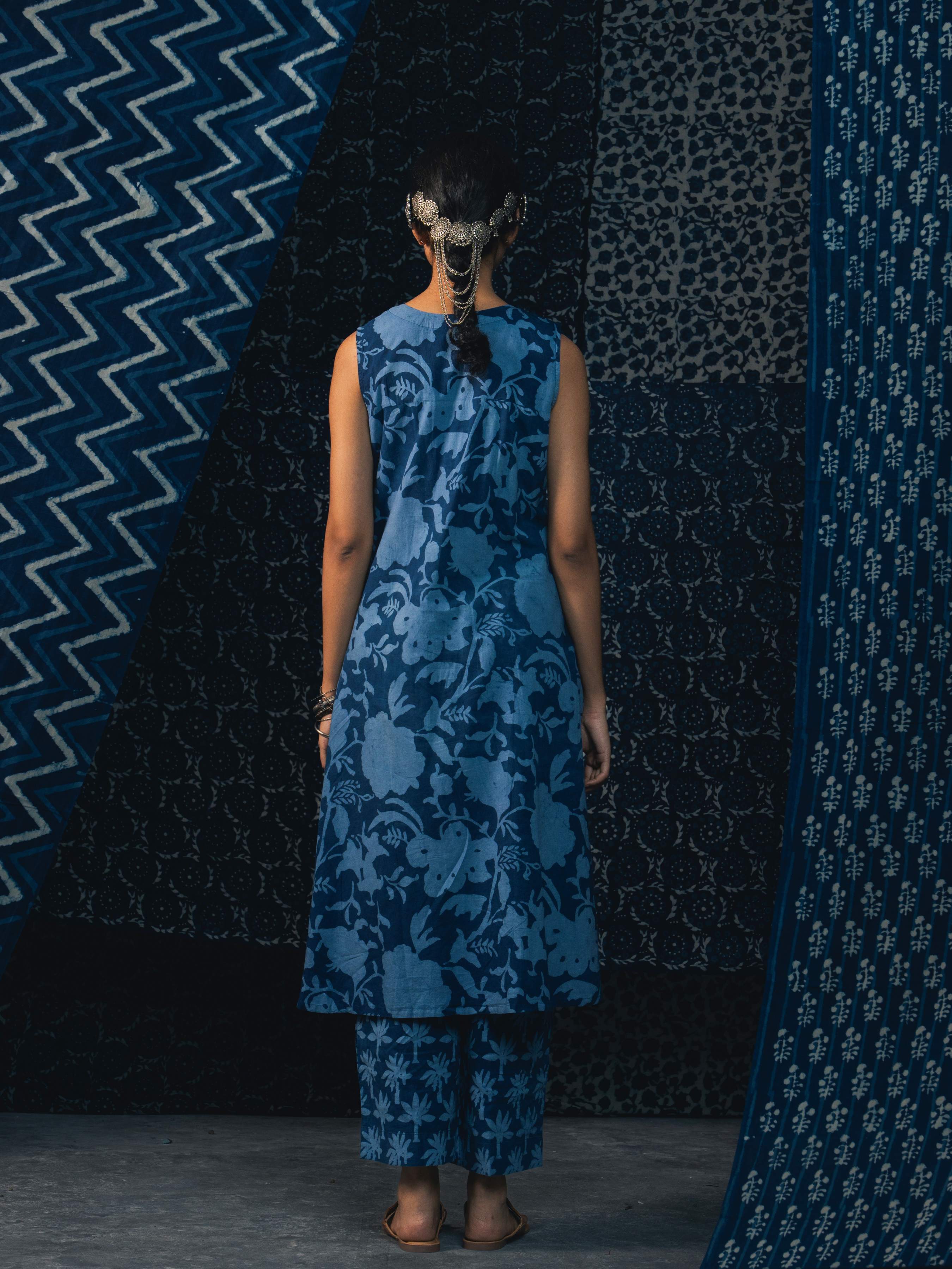 Indigo Cotton Natural Printed Kurti With Bottom