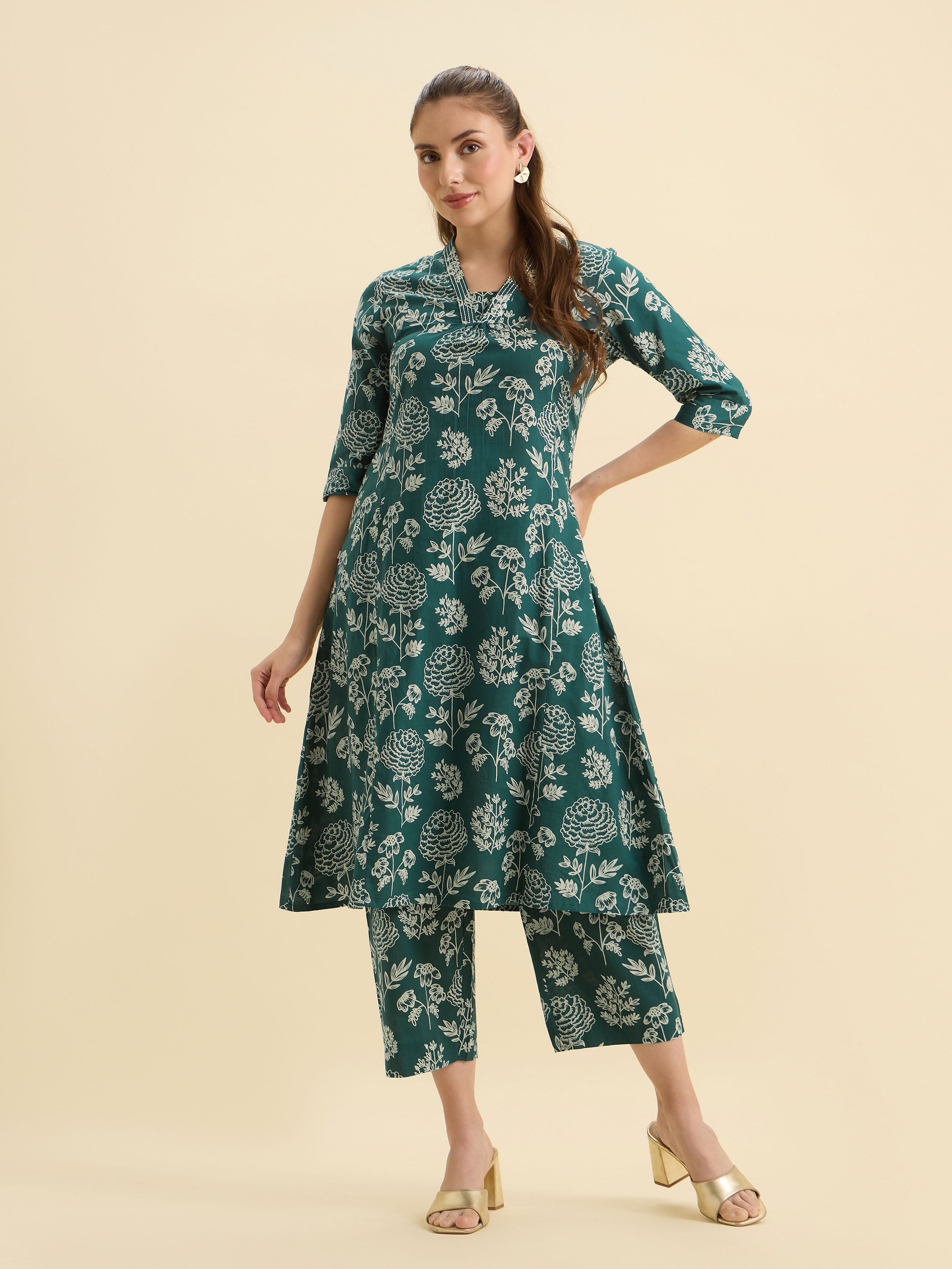 Green Ivory Cotton Printed Flared Kurti Set With Embroidery