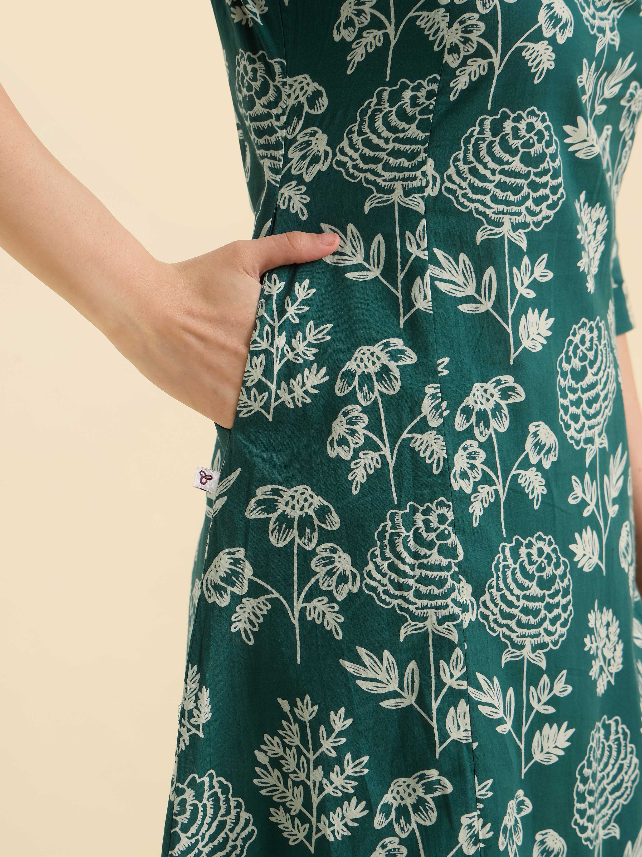 Green Ivory Cotton Printed Flared Kurti Set With Embroidery