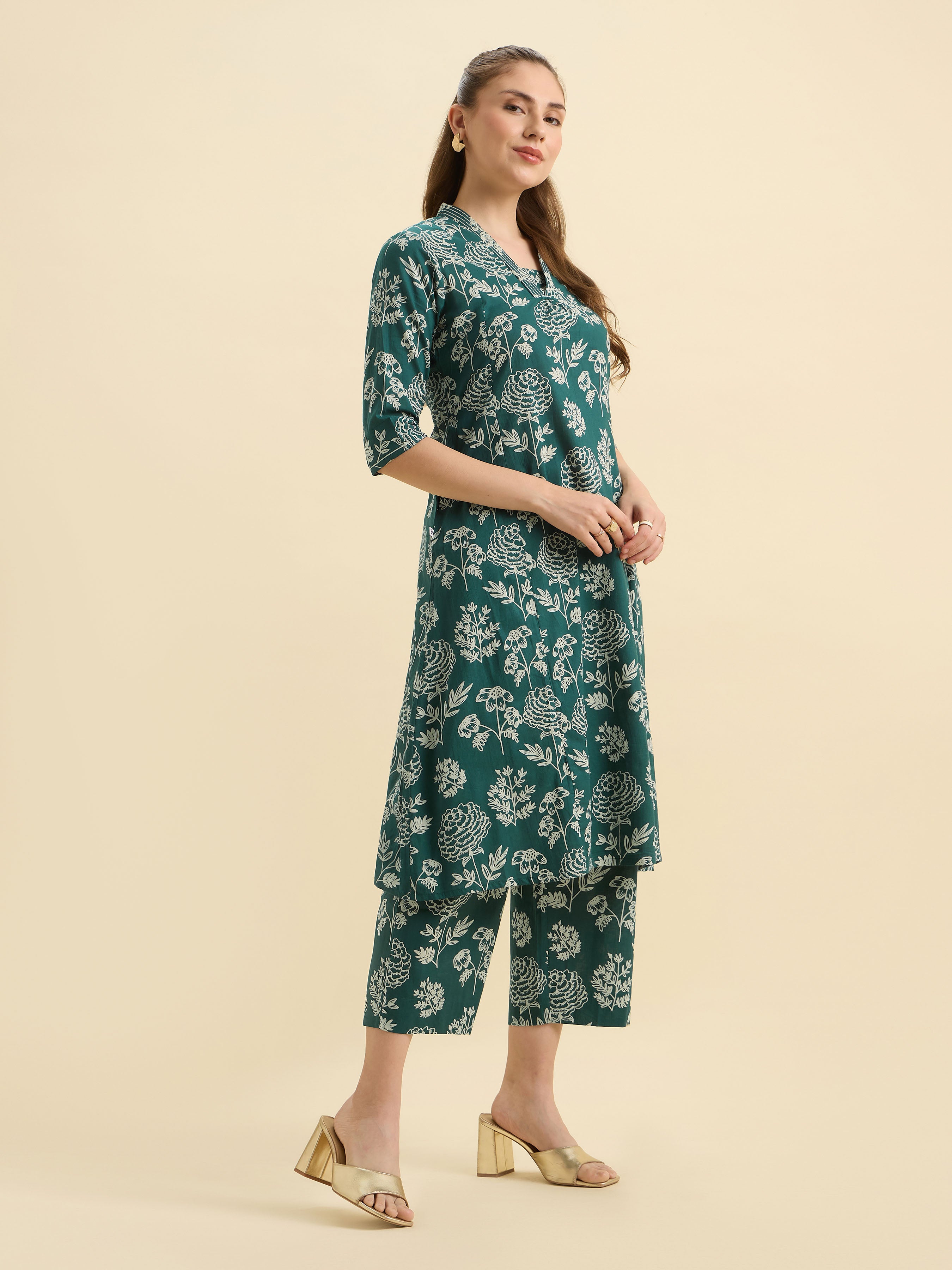 Green Ivory Cotton Printed Flared Kurti Set With Embroidery