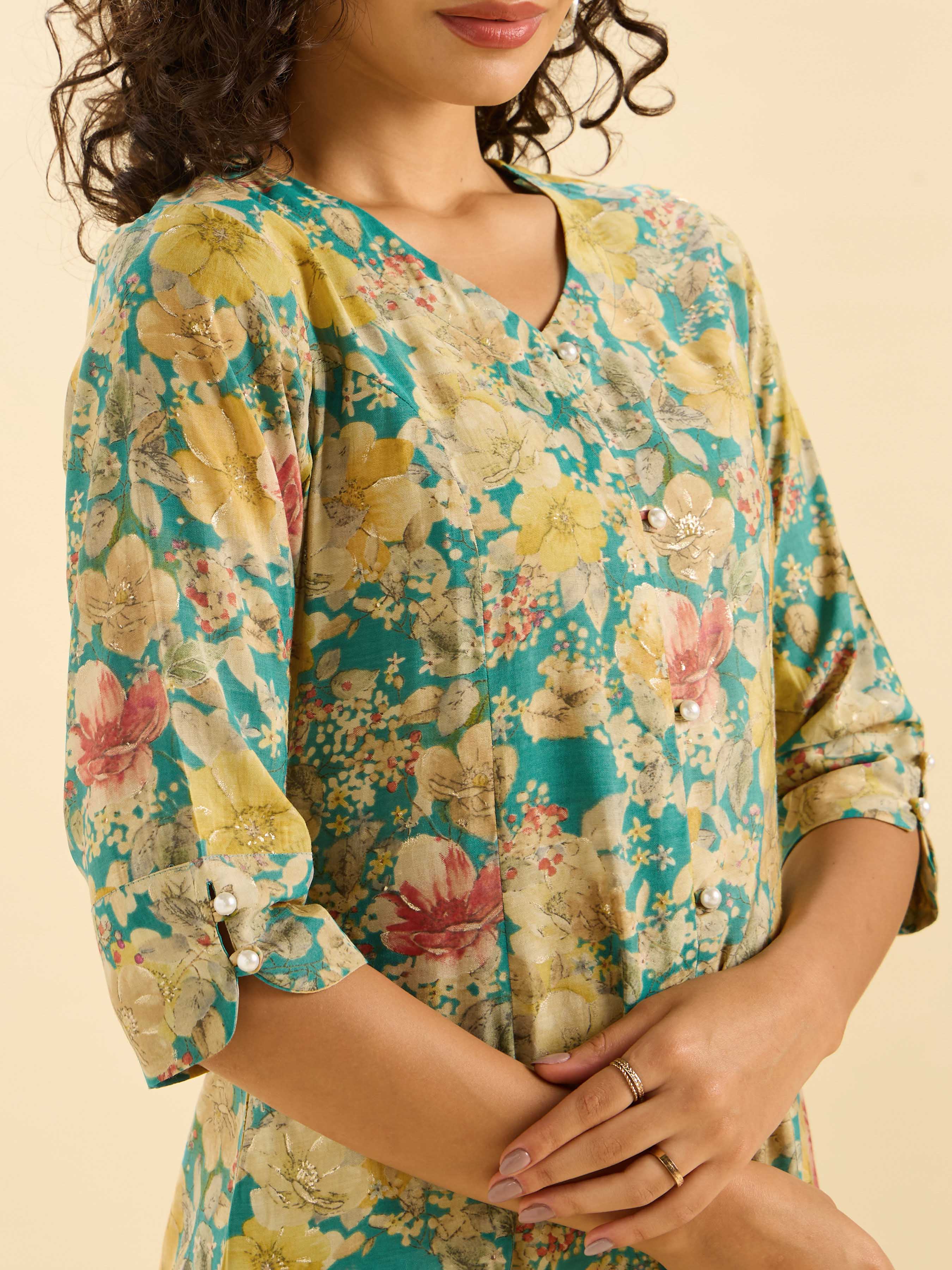 Green Multi Modal Chanderi Printed Flared Kurti With Princess Cut