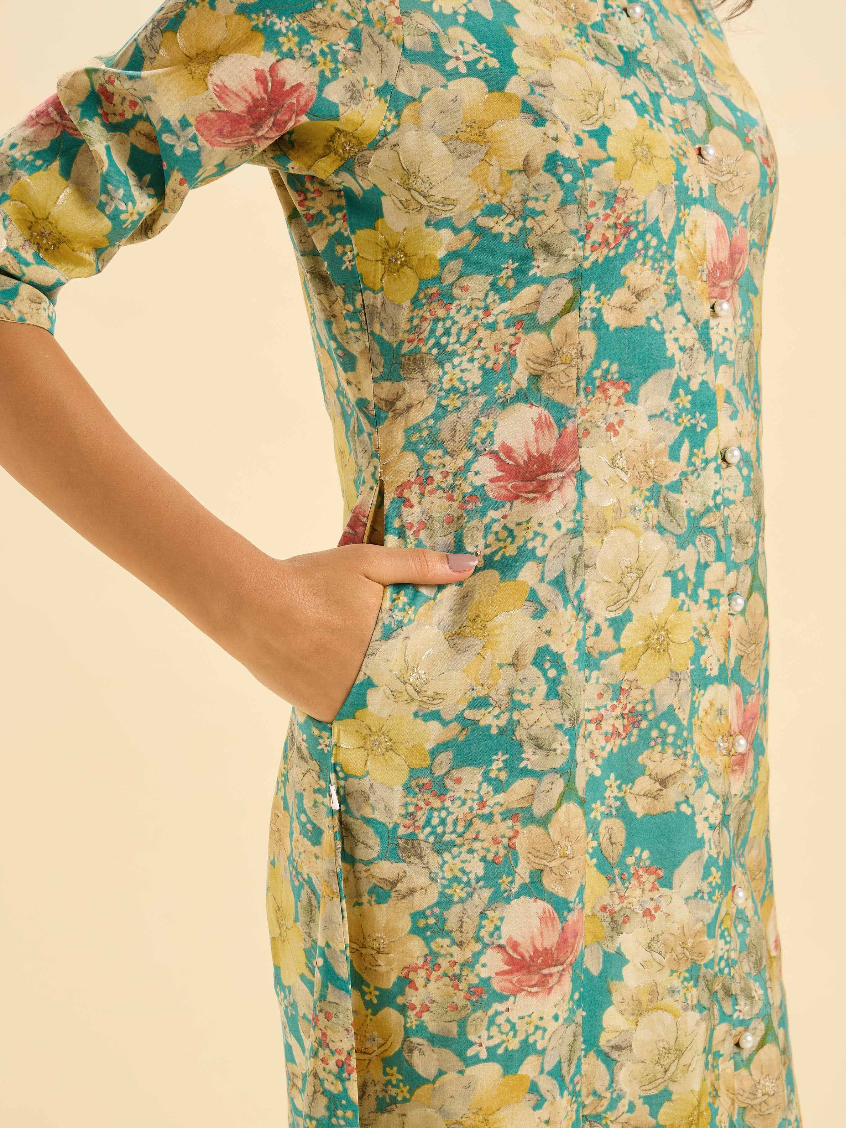 Green Multi Modal Chanderi Printed Flared Kurti With Princess Cut