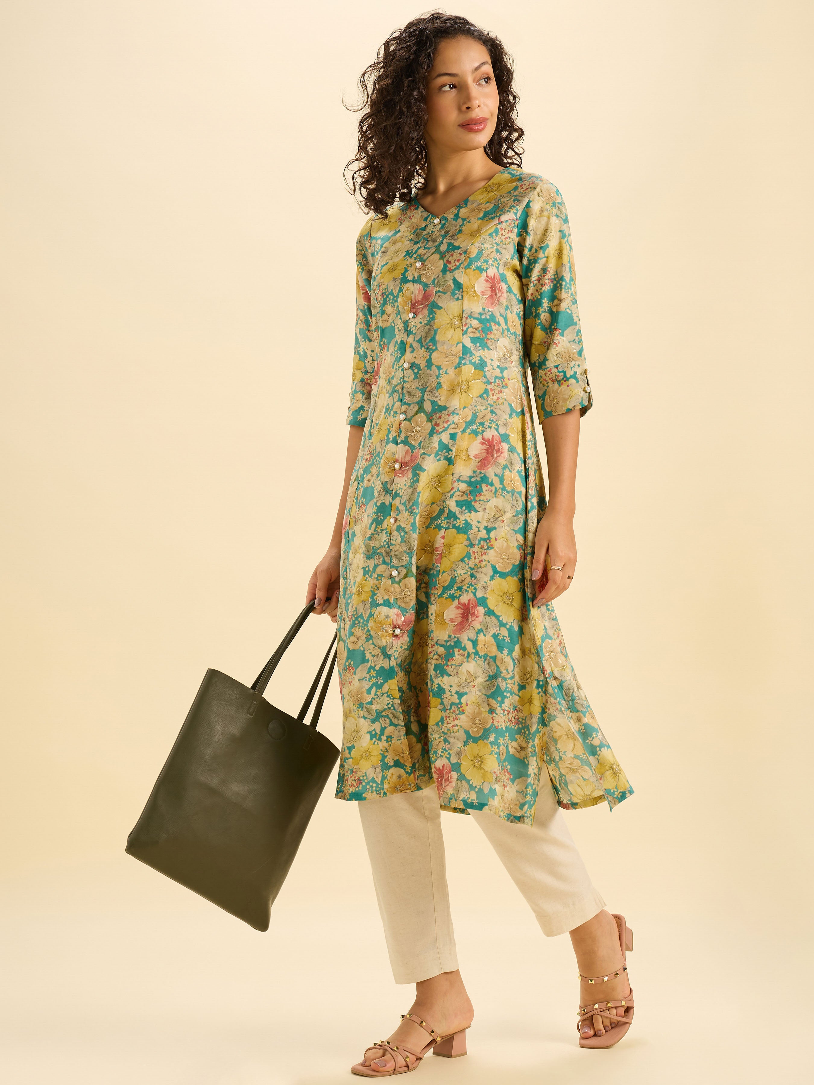 Green Multi Modal Chanderi Printed Flared Kurti With Princess Cut
