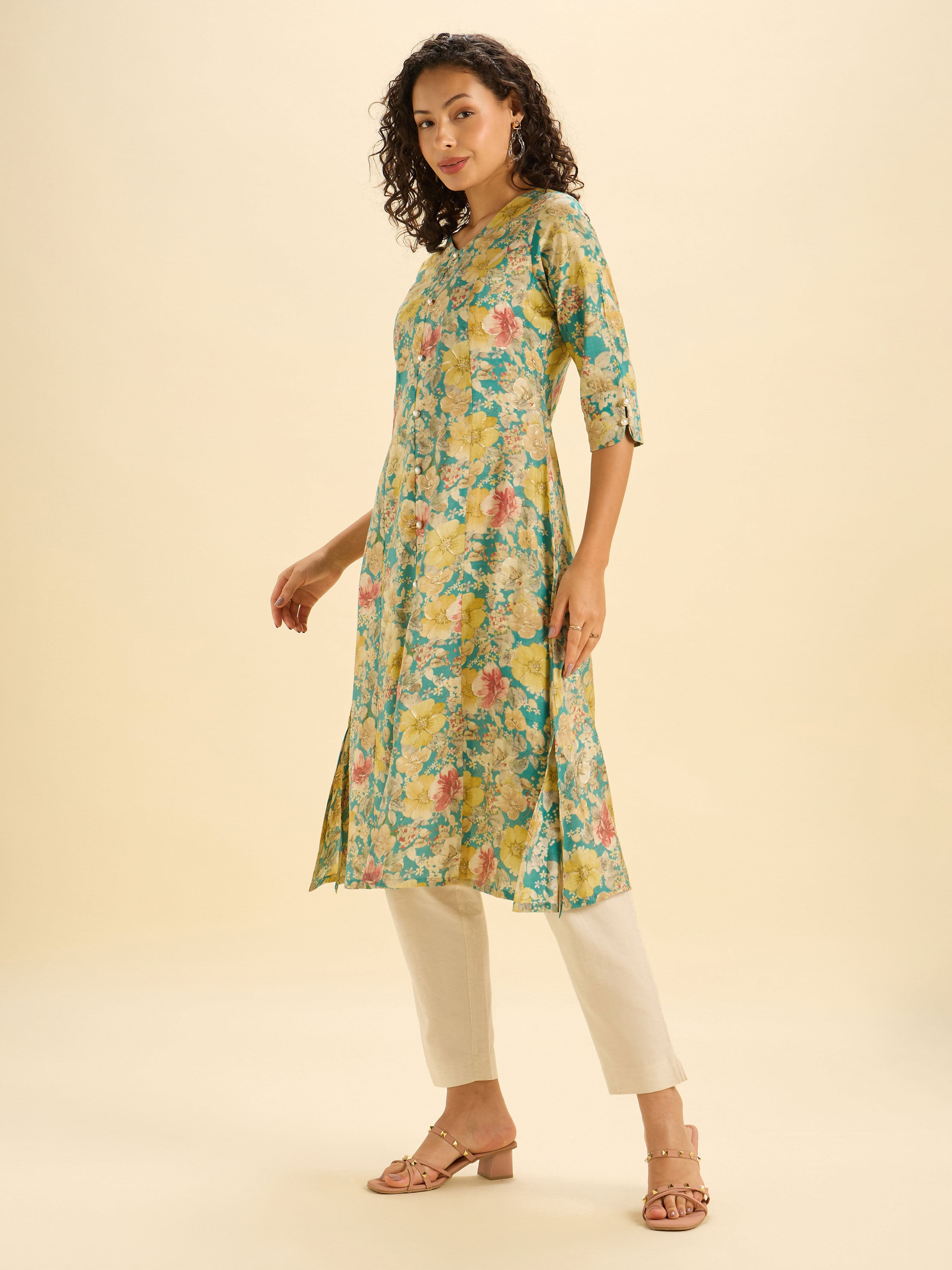 Green Multi Modal Chanderi Printed Flared Kurti With Princess Cut