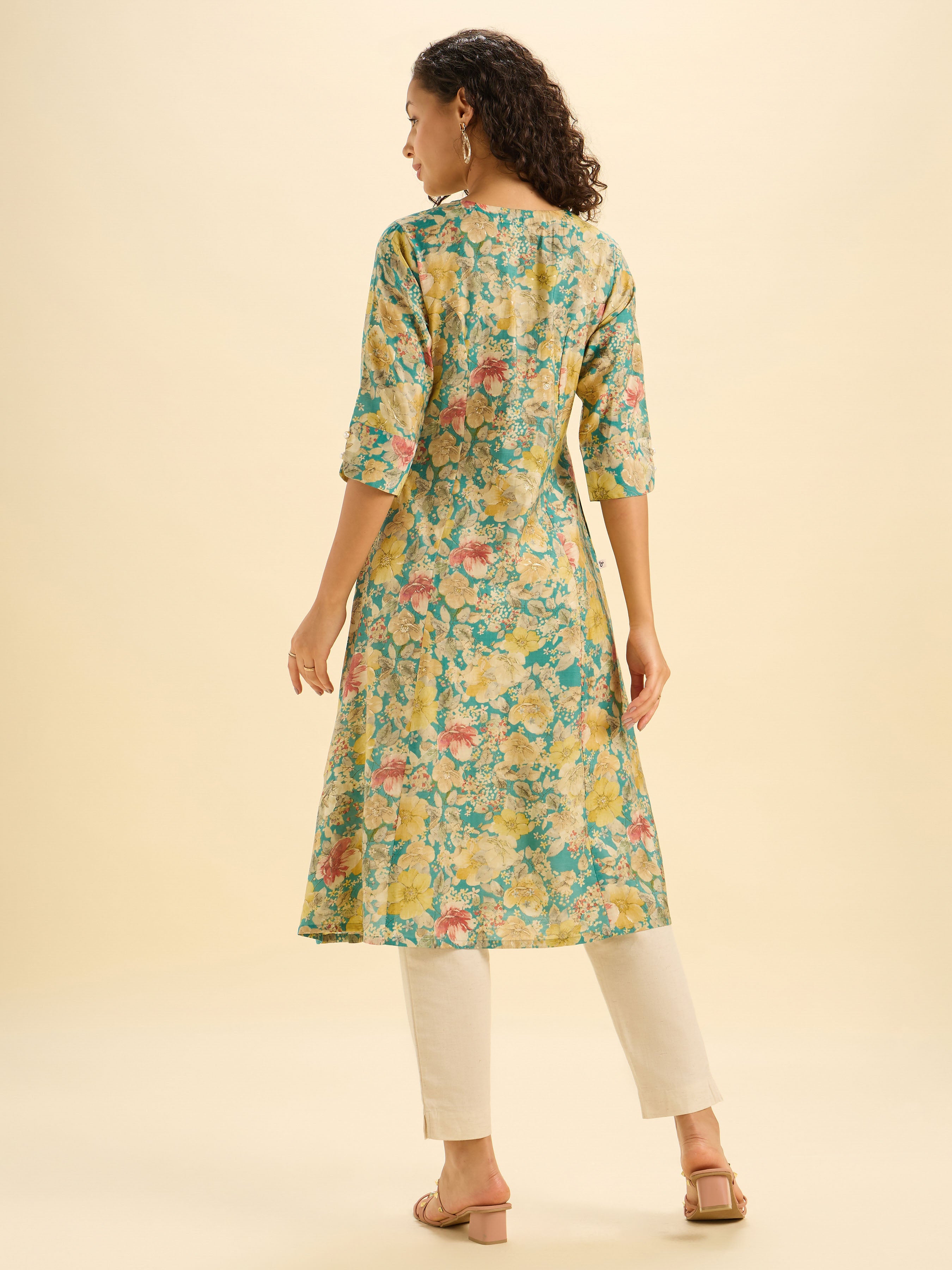 Green Multi Modal Chanderi Printed Flared Kurti With Princess Cut
