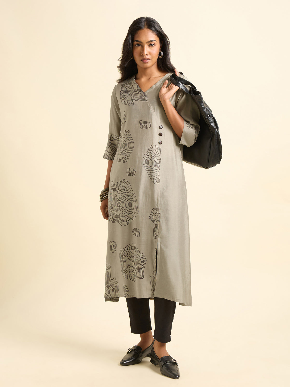 Grey Black Modal Chanderi Printed Flared Angrakha Kurti
