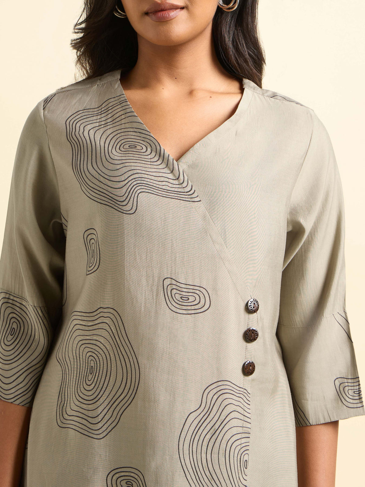 Grey Black Modal Chanderi Printed Flared Angrakha Kurti