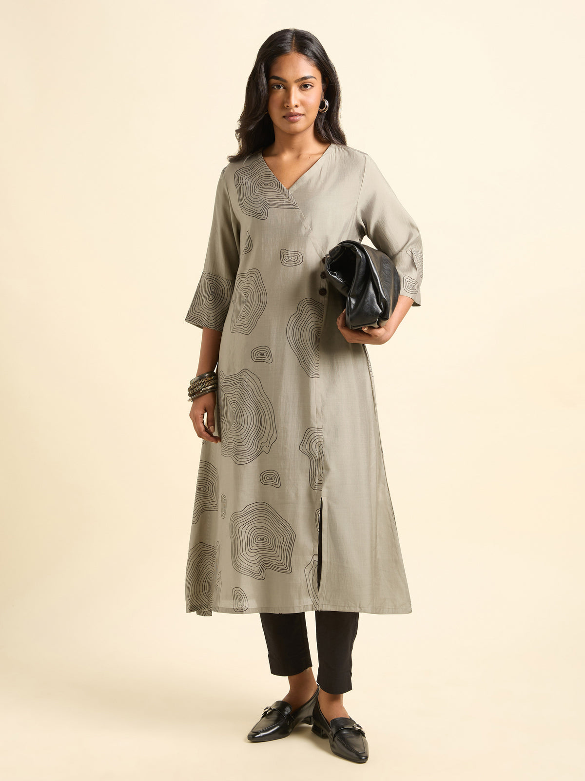 Grey Black Modal Chanderi Printed Flared Angrakha Kurti