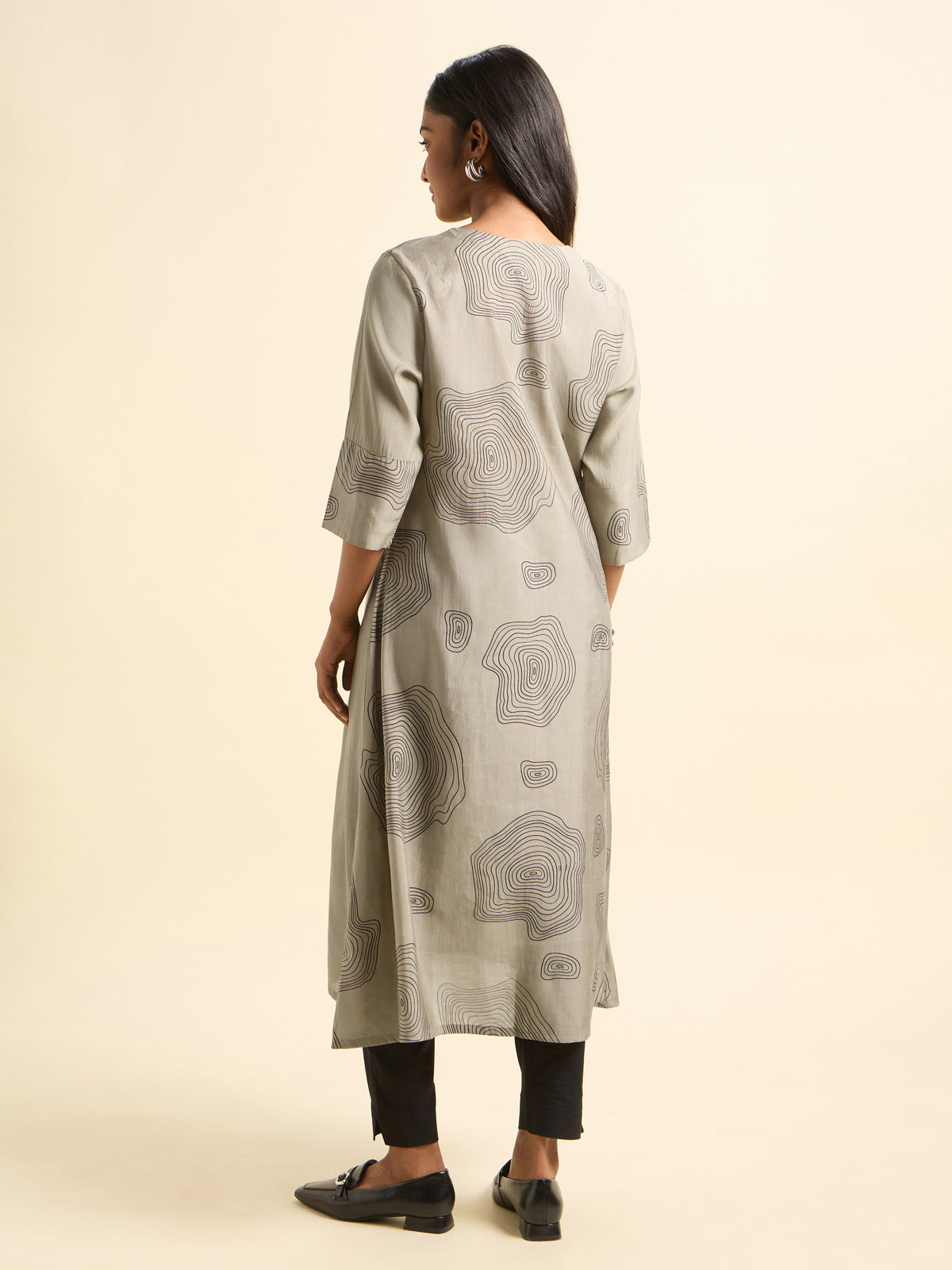 Grey Black Modal Chanderi Printed Flared Angrakha Kurti