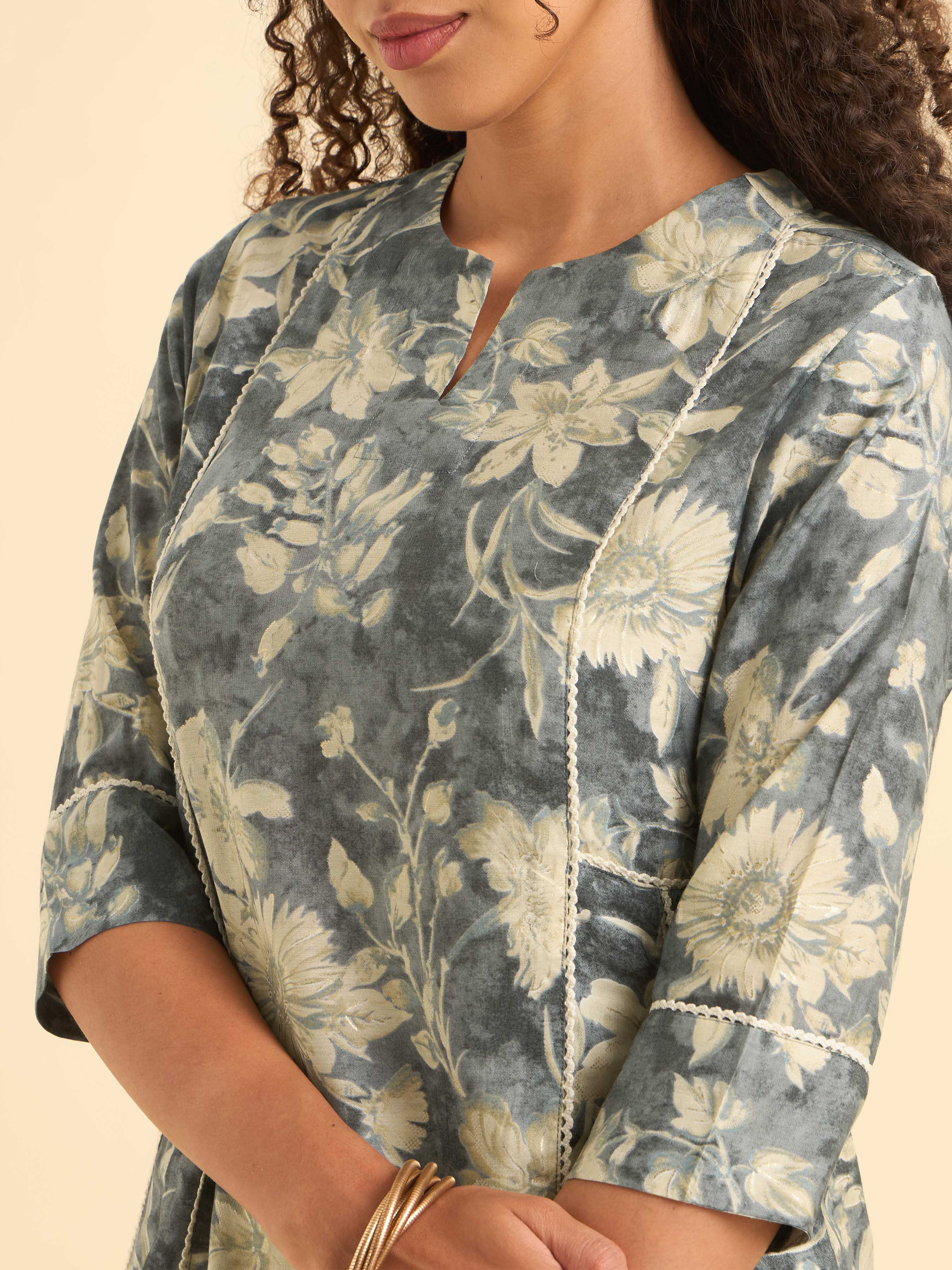 Grey Multi Colour Modal Chanderi Kurti With Lace