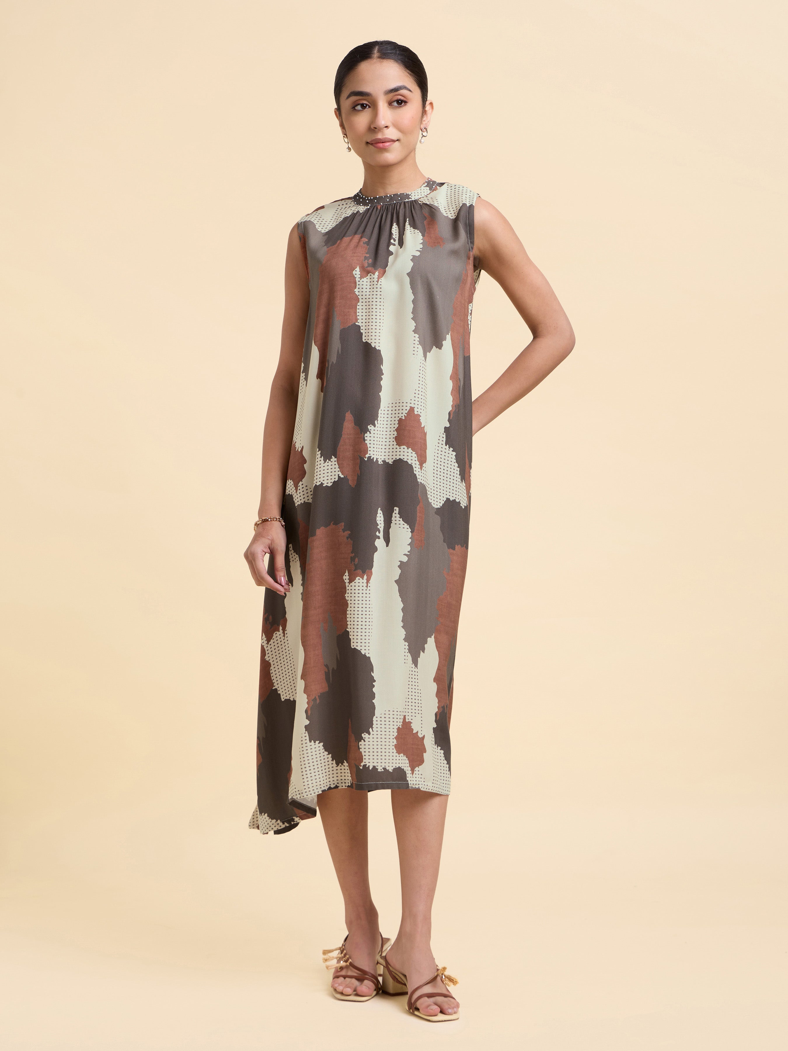Grey Multicolour Viscose Flared Printed Kurti With Handwork